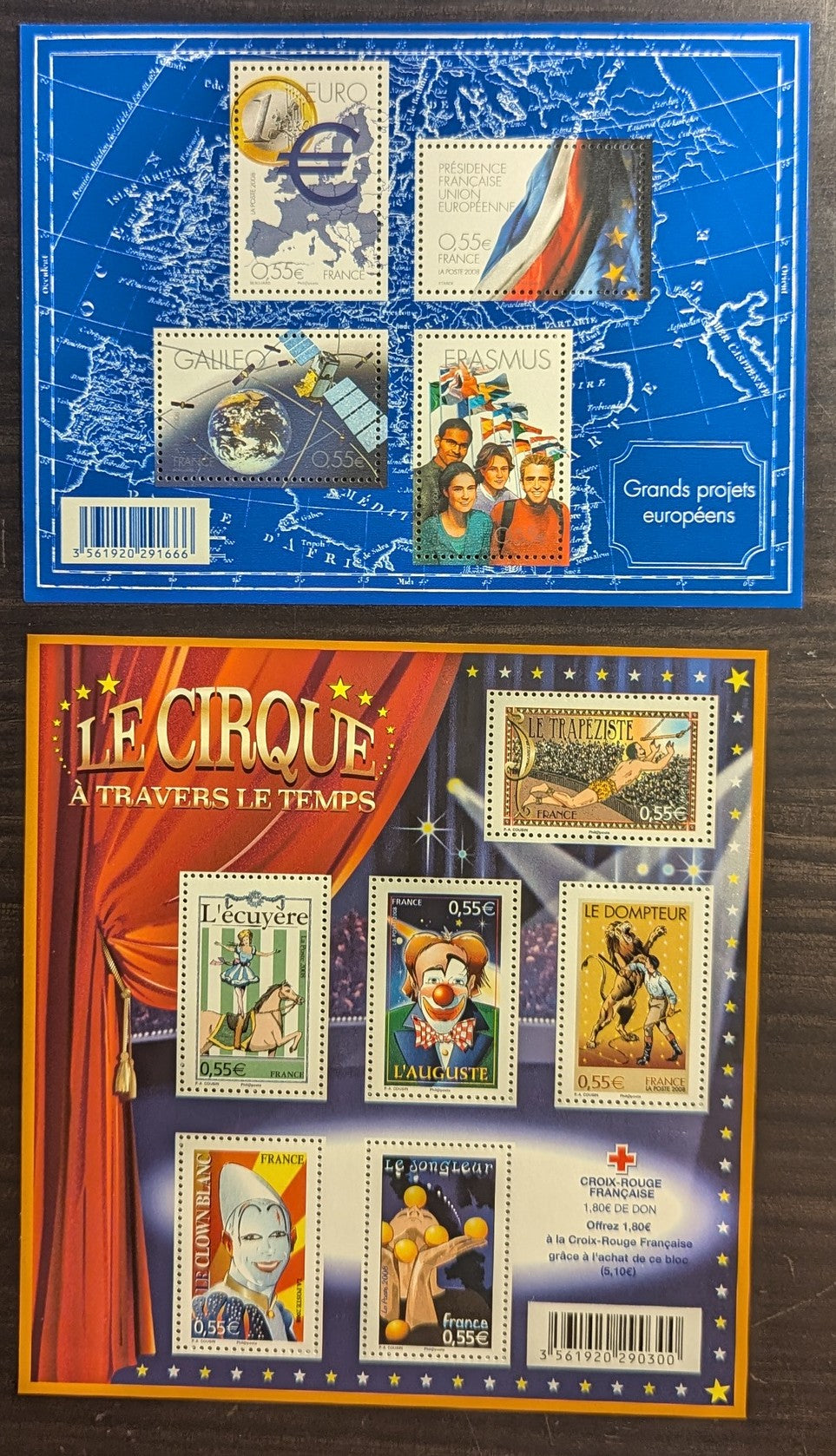 Lot 51 France SC#3494a/3535 2008 Circus- European Capitals (Prague), 3 VFNH Souvenir Sheets, Click on Listing to See ALL Pictures, 2017 Scott Cat. $29.25