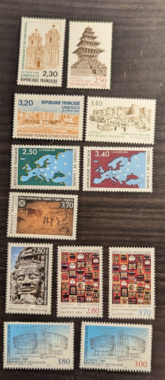 Lot 57 France - Council Of Europe & UN SC#1O48/2O46 1990-1996 Map Of Europe - UNESCO Sites, 12 VFNH Singles, Click on Listing to See ALL Pictures, 2017 Scott Cat. $15.5