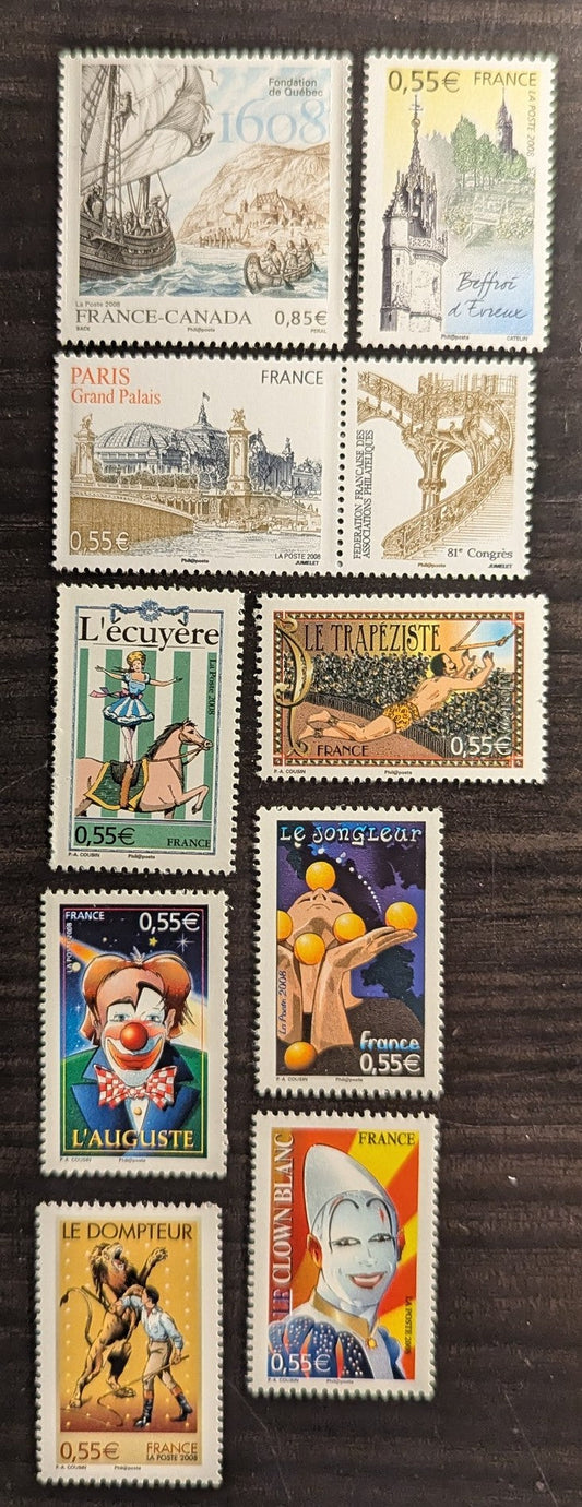 Lot 64 France SC#3437/3494 2008 Quebec City, Canada 400th Anniv - Circus, 9 VFNH Singles, Click on Listing to See ALL Pictures, 2017 Scott Cat. $16.5