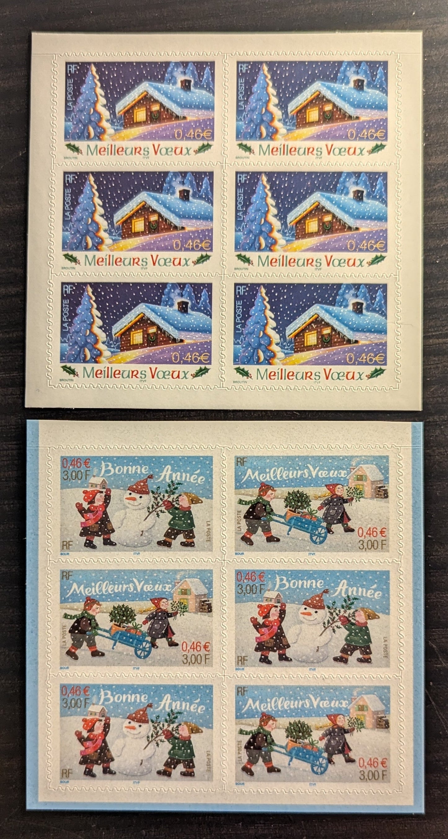 Lot 6 France SC#2846a/2920 2001-2002 Holiday Greetings, 2 VFNH Booklet Panes Of 6, Click on Listing to See ALL Pictures, 2017 Scott Cat. $13.2