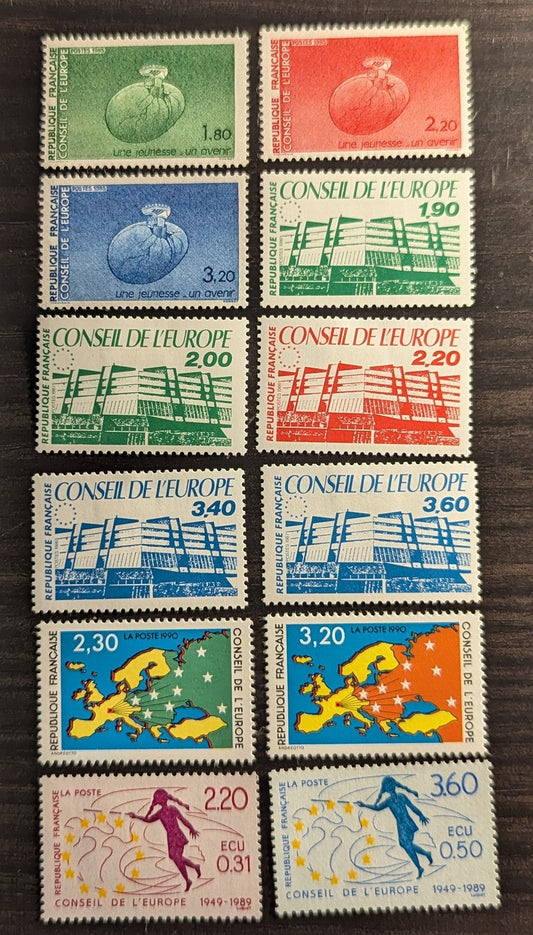 Lot 94 France - Council Of Europe SC#1O37/1O49 1985-1991 Youths Leg, Sneaker, Shattered Eggshell - Map Of Europe, 12 VFNH Singles, Click on Listing to See ALL Pictures, 2017 Scott Cat. $16.1