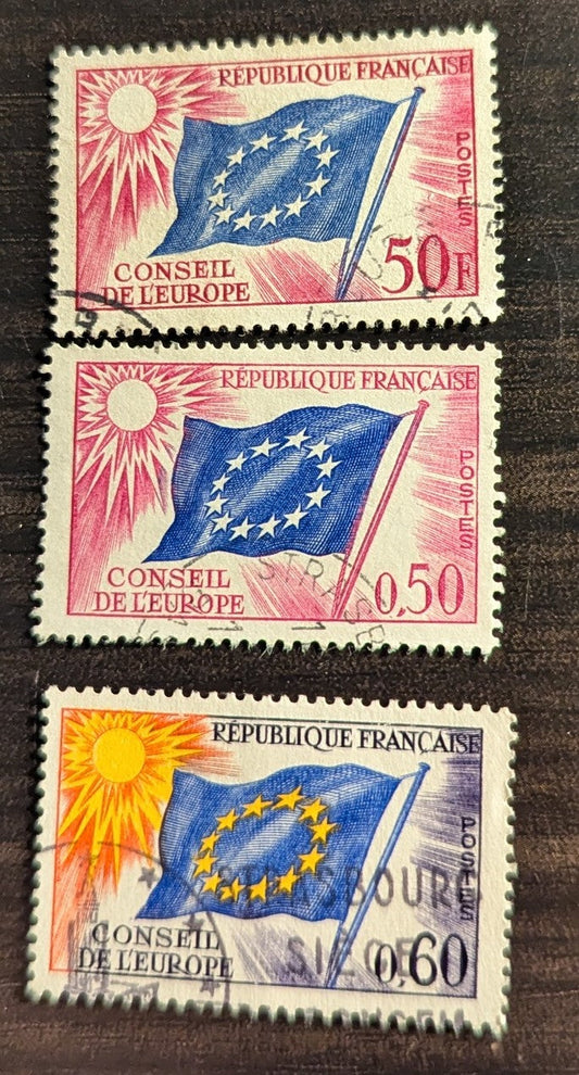 Lot 96 France - Council Of Europe SC#1O6/1O14 1058-1971 Council Of Europe Flag, 3 VFOG/CTO Singles, Click on Listing to See ALL Pictures, 2017 Scott Cat. $4