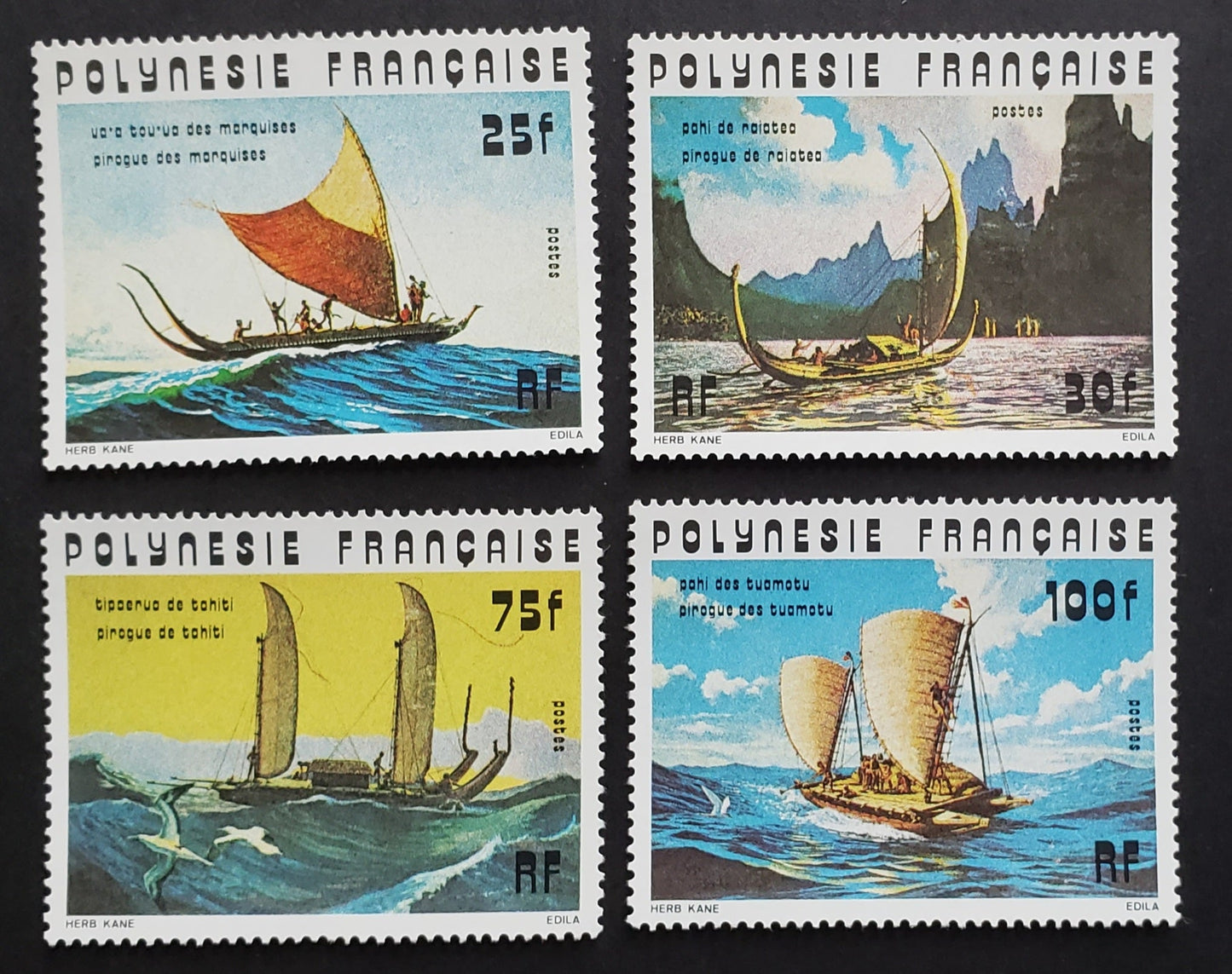 Lot 10 French Polynesia SC#292/295 1976 Dugout Canoe Issue, 4 VFOG Singles, Click on Listing to See ALL Pictures, 2017 Scott Cat.$30