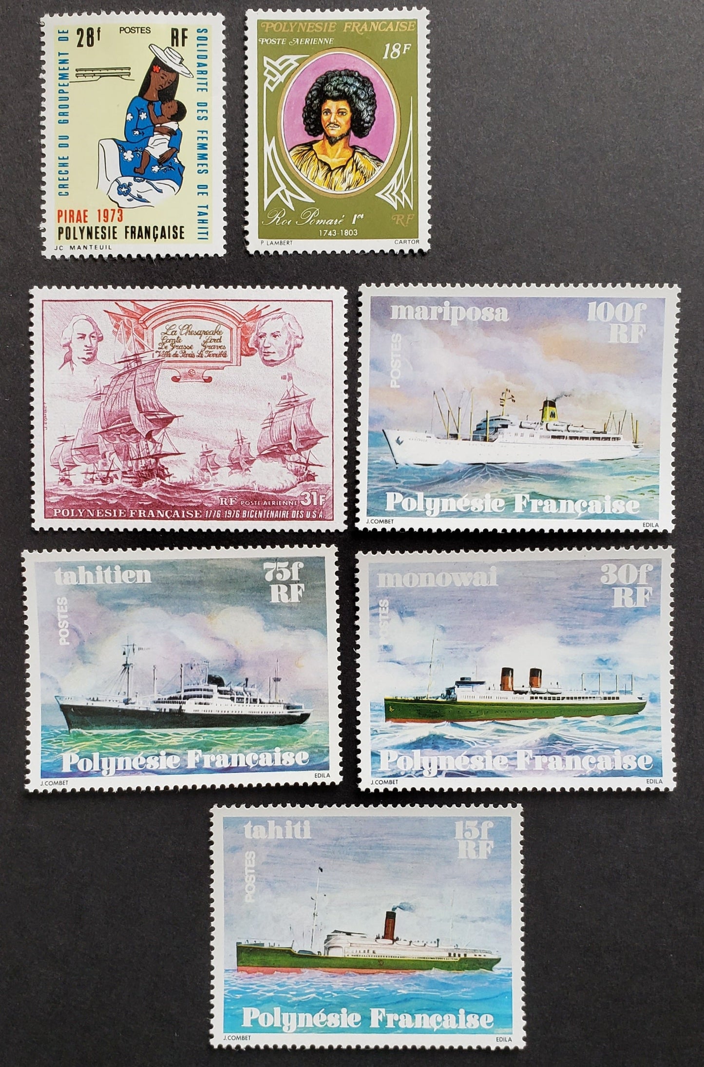 Lot 12 French Polynesia SC#274/310 1973-1978 Mother And Child / Ships Issues, 7 VFOG Singles, Click on Listing to See ALL Pictures, 2017 Scott Cat.$28.25