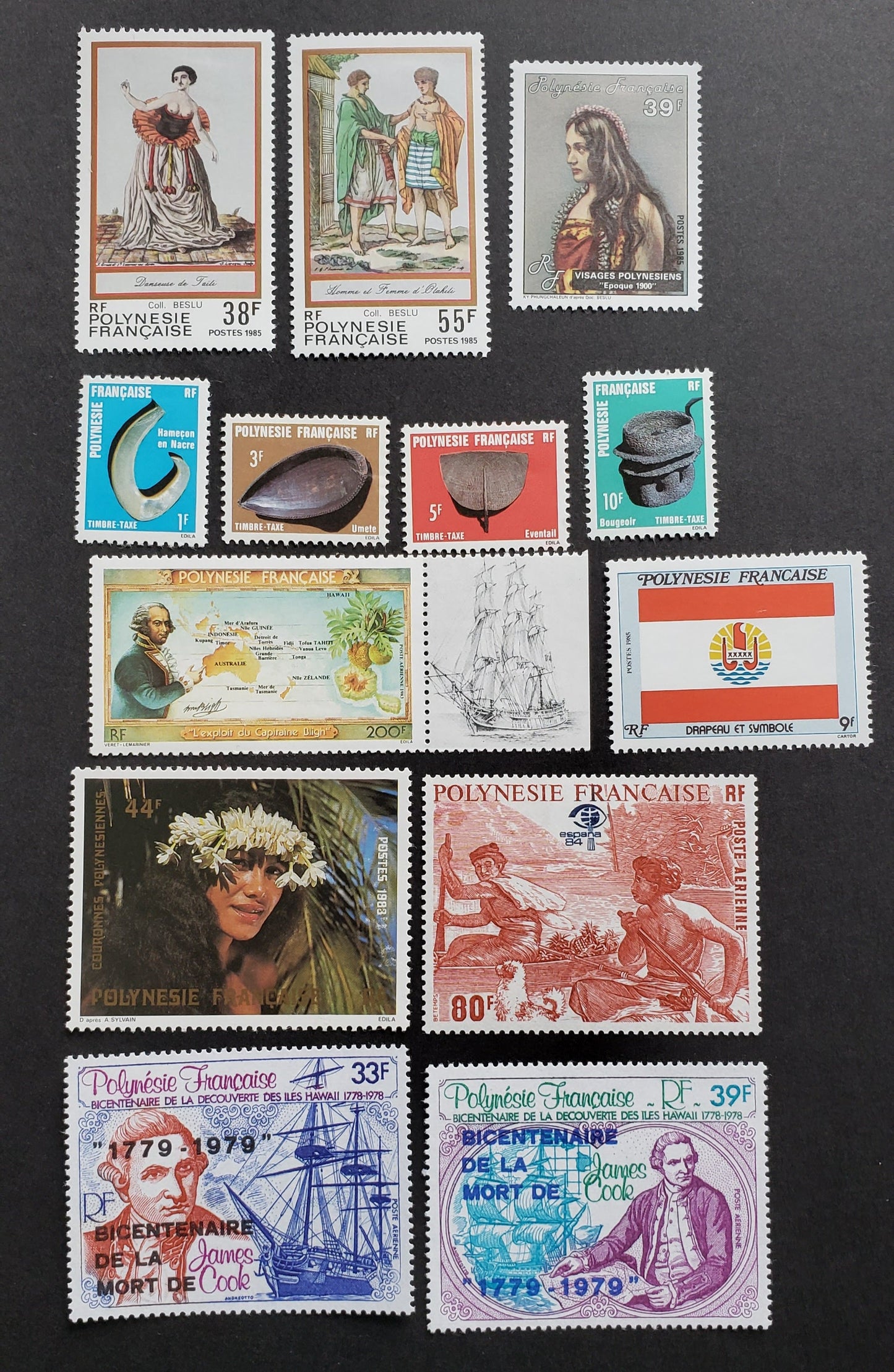 Lot 13 French Polynesia SC#C166/420 1979-1985 Airmail / Costumes Issues, 12 VFOG Singles, Click on Listing to See ALL Pictures, 2017 Scott Cat.$23.75