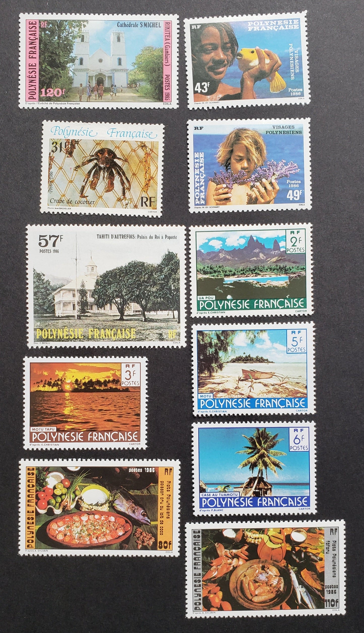 Lot 14 French Polynesia SC#423a/443 1985 Local Foods / Landscapes Issues, 11 VFOG Singles, Click on Listing to See ALL Pictures, 2017 Scott Cat.$12.35