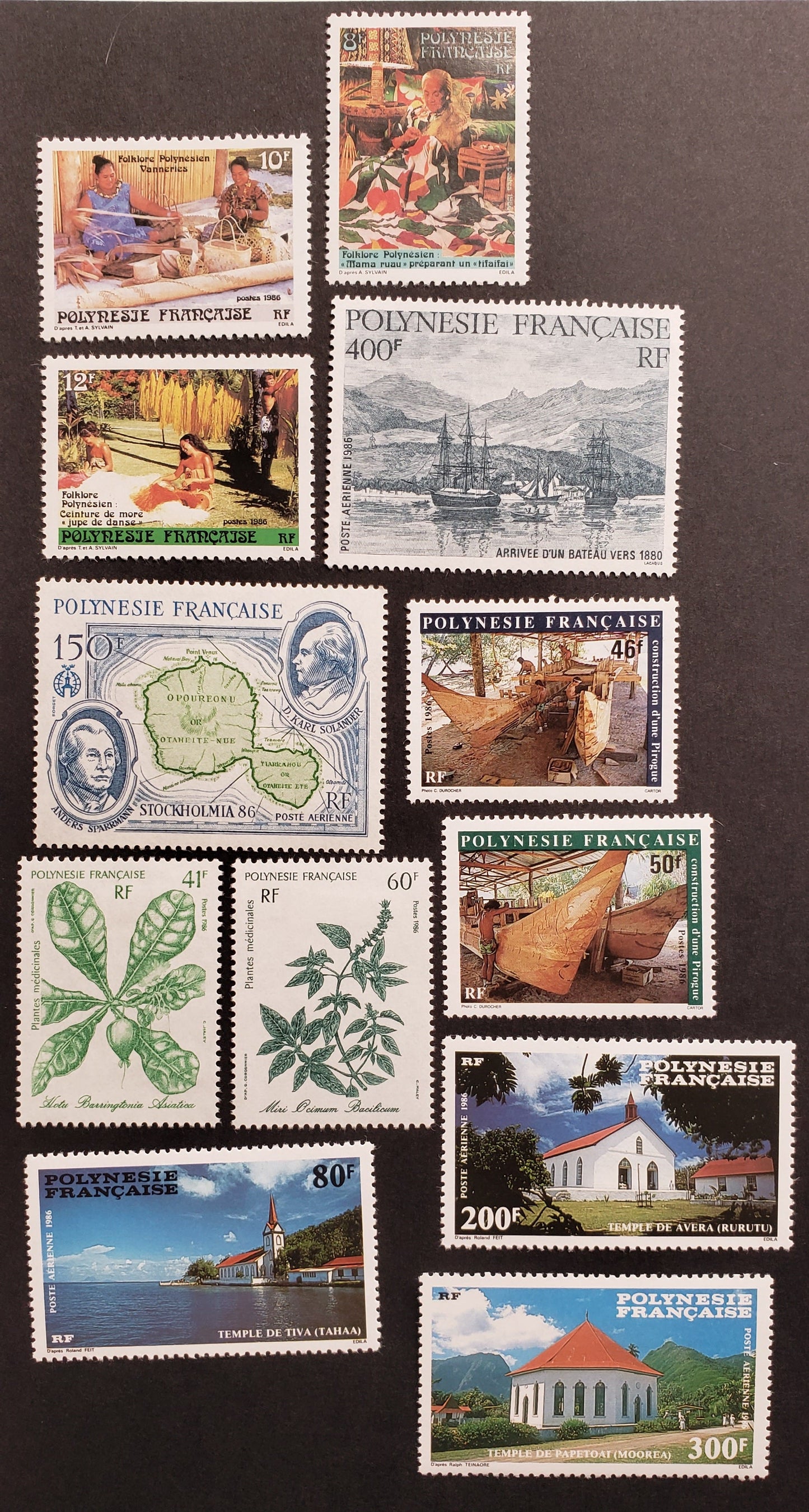 Lot 15 French Polynesia SC#444/C223 1986 Crafts / Churches Issues, 12 VFOG Singles, Click on Listing to See ALL Pictures, 2017 Scott Cat.$30.75