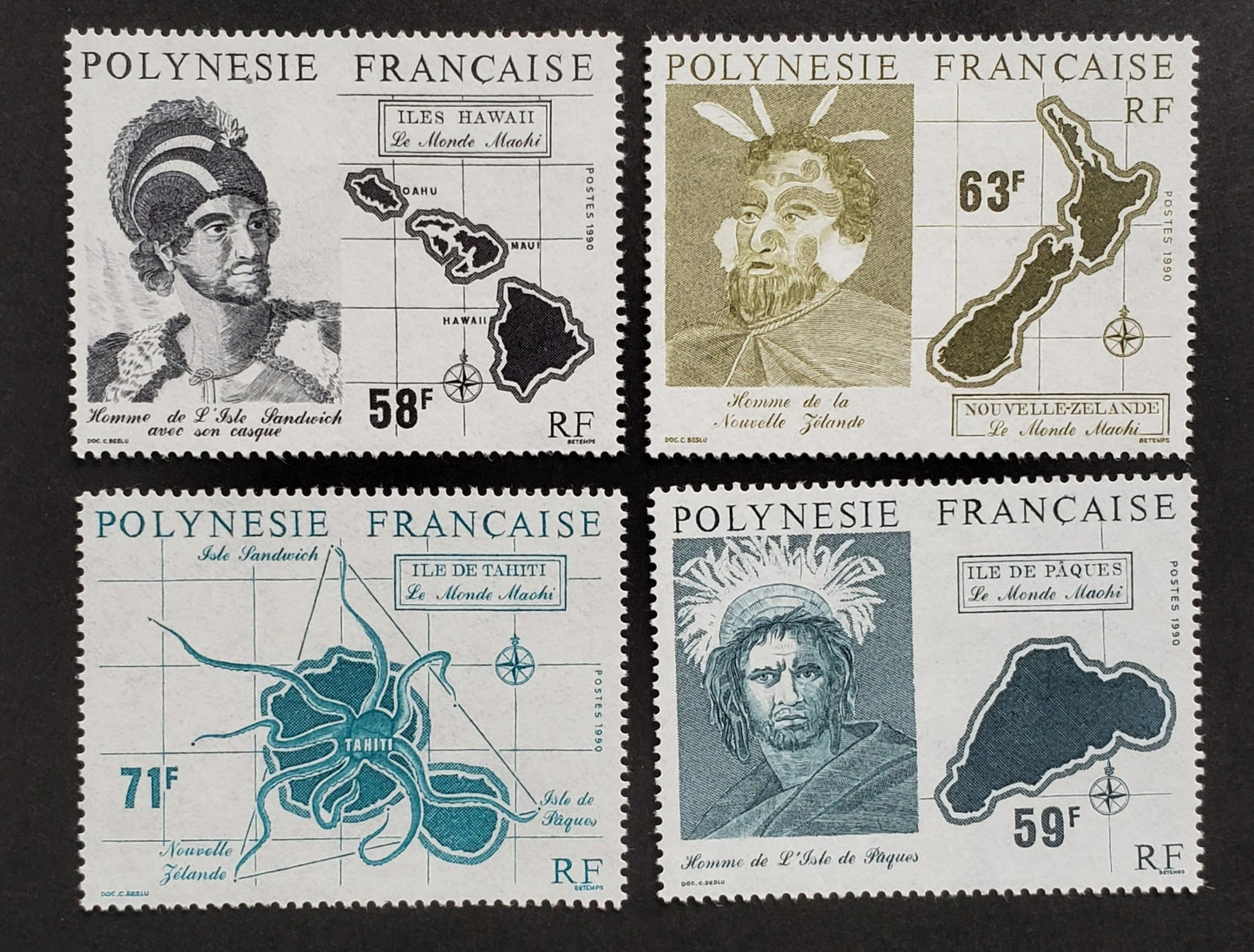 Lot 21 French Polynesia SC#534/537 1990 Settlers And Maps Issue, 4 VFOG Singles, Click on Listing to See ALL Pictures, 2017 Scott Cat.$51.5