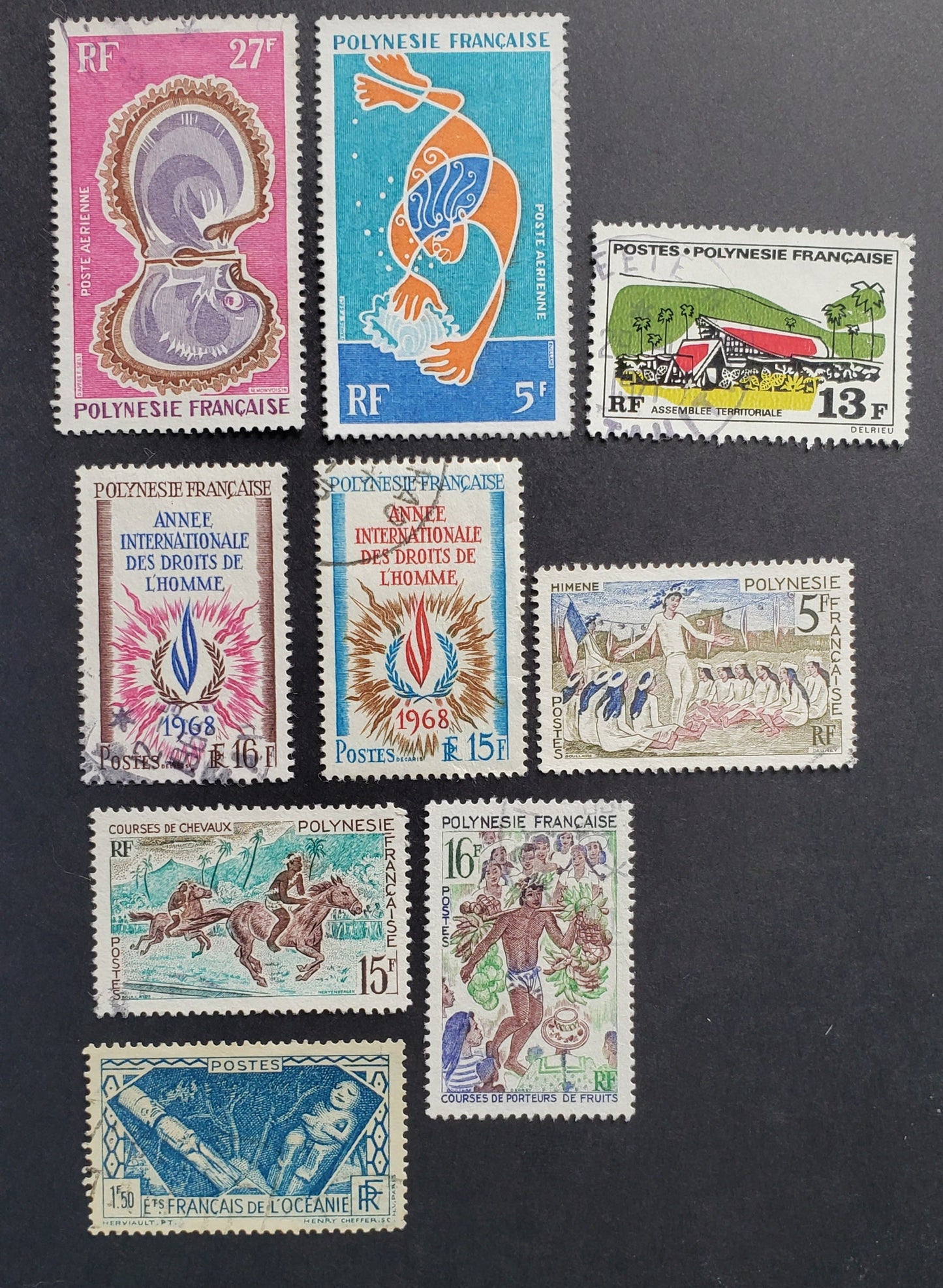 Lot 22 French Polynesia SC#107/C60 1934-1970 Idols/ Pearl Industry Issues, 9 Very Fine Used Singles, Click on Listing to See ALL Pictures, 2017 Scott Cat.$26.4