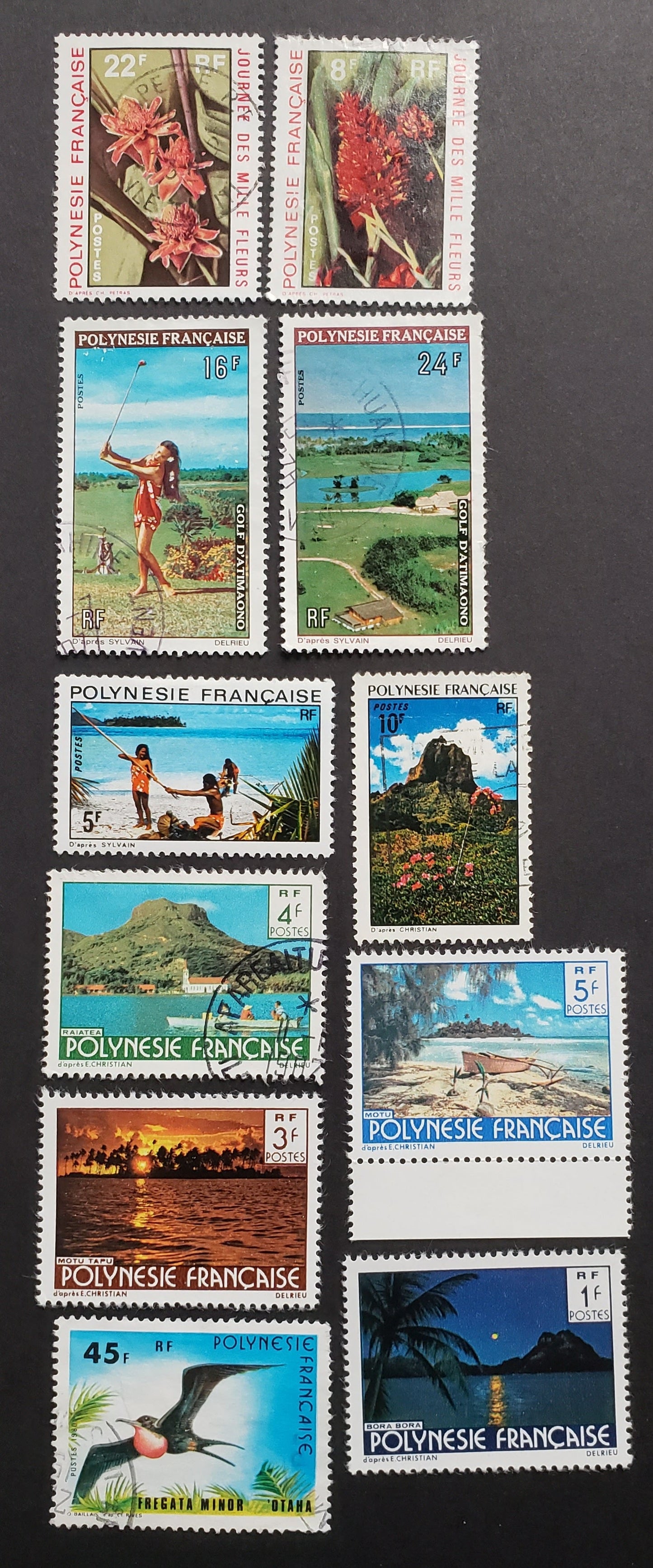 Lot 23 French Polynesia SC#264/339 1971-1980 Flowers / Birds Issues, 12 Very Fine Used Singles, Click on Listing to See ALL Pictures, 2017 Scott Cat.$16.85