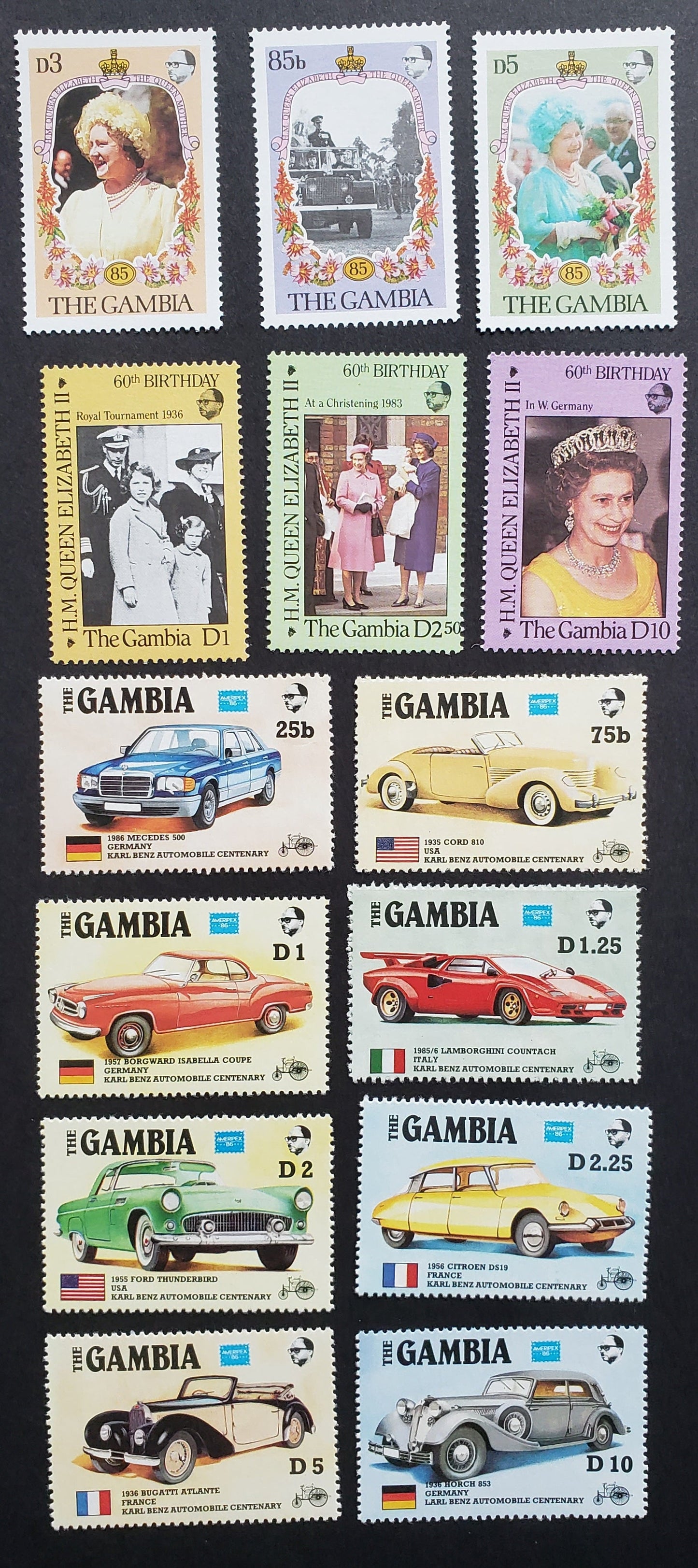 Lot 29 Gambia SC#556/627 1985-1986 Queen Elizabeth / QEII 60th Birthday Issues, 14 VFNH Singles, Click on Listing to See ALL Pictures, 2017 Scott Cat.$18.15