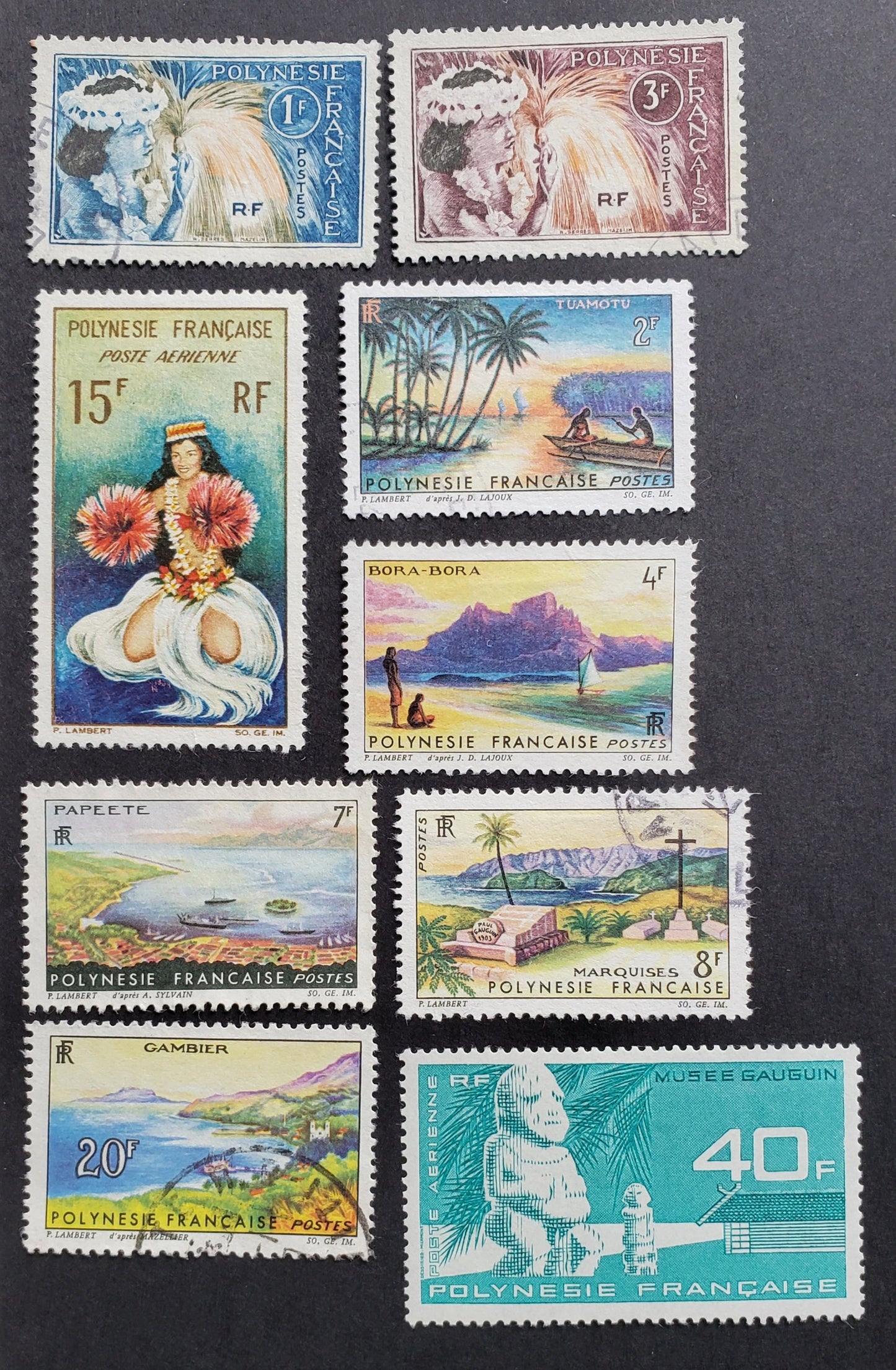 Lot 3 French Polynesia SC#208/35 1964-1965 Dancers / Museum Issues, 9 Very Fine Used Singles, Click on Listing to See ALL Pictures, 2017 Scott Cat.$25