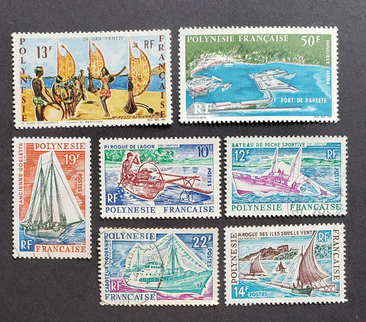 Lot 5 French Polynesia SC#217/C44 1966 Ships / Vive Tahiti Issues, 7 VFNH & Very Fine Used Singles, Click on Listing to See ALL Pictures, 2017 Scott Cat.$34.45