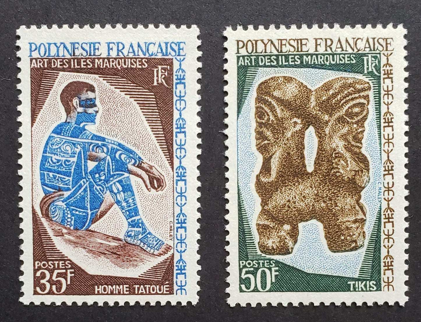 Lot 7 French Polynesia SC#239/240 1967-1968 Art Issue, 2 VFOG Singles, Click on Listing to See ALL Pictures, 2017 Scott Cat.$29