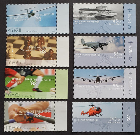 Lot 90 Germany SC#B997/B1005 2008 Sports Championships / Aircraft Issues, 8 VFNH Singles, Click on Listing to See ALL Pictures, 2017 Scott Cat.$22.25