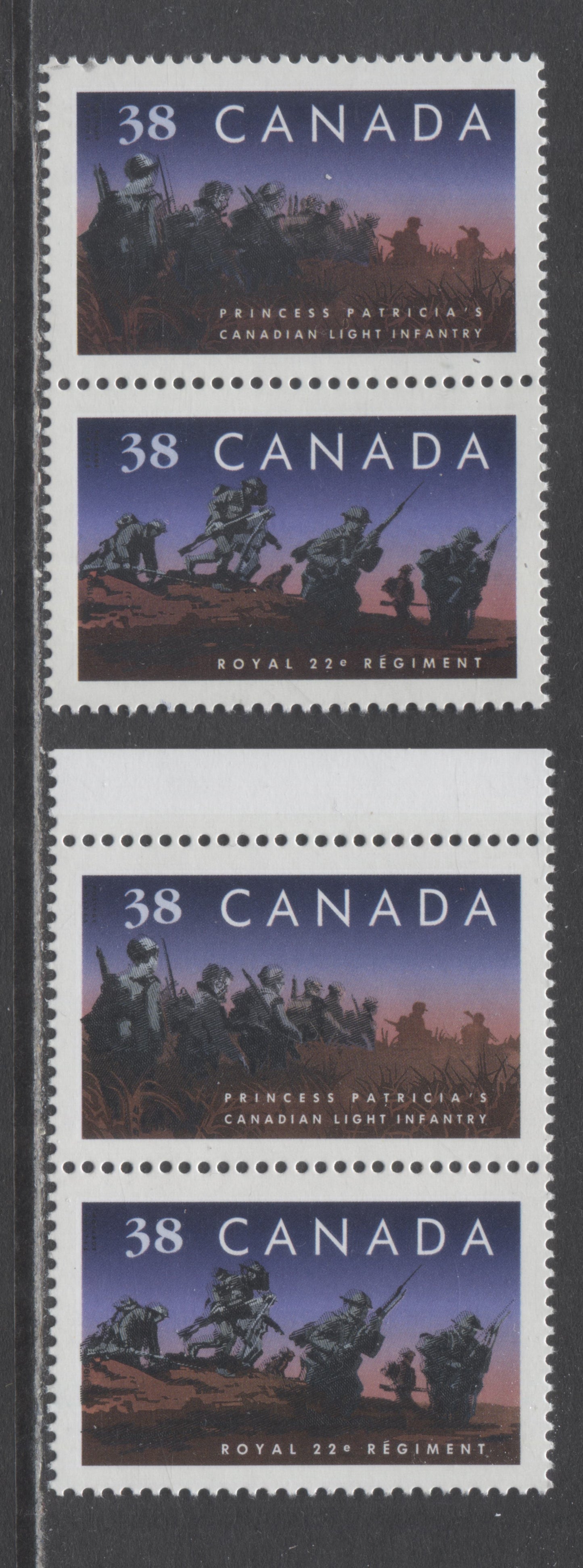 Canada #1250avar 38c Multicoloured Princess Patricia's Infantry & Royal 22 Regiment, 1989 Regiments Issue, 2 VFNH Vertical Pairs DF/DF Peterborough Paper, Alternate Stamps Showing Doubling Due To Leftward and Rightward Shift of Black