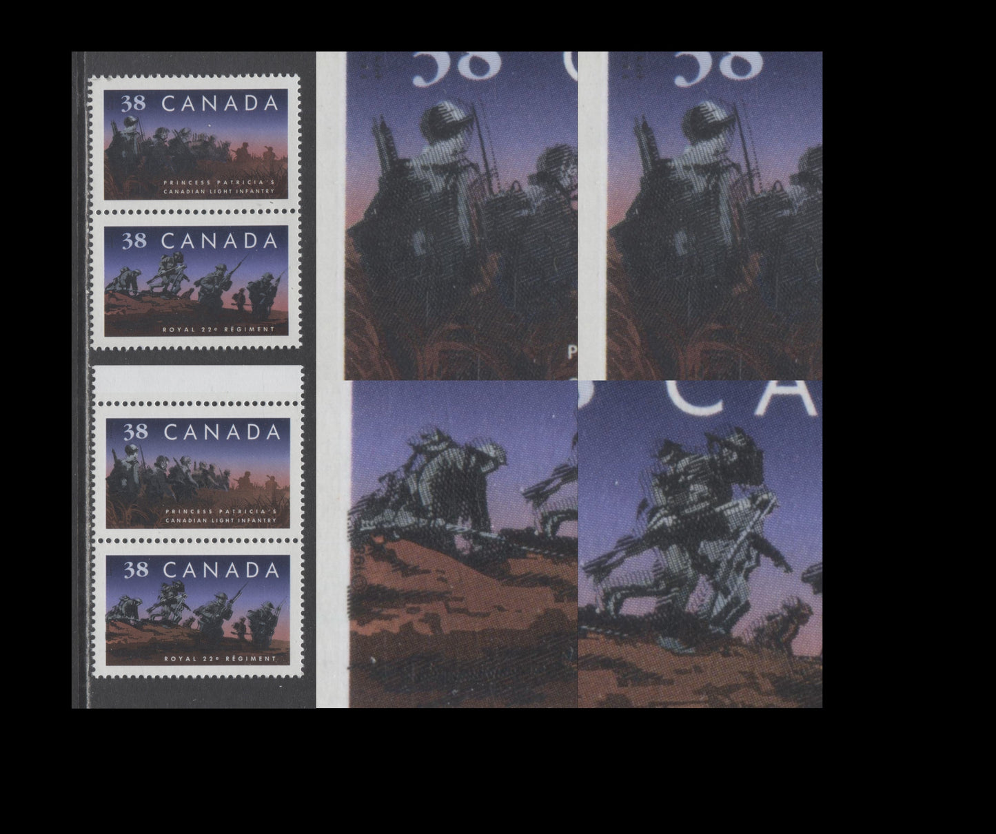Canada #1250avar 38c Multicoloured Princess Patricia's Infantry & Royal 22 Regiment, 1989 Regiments Issue, 2 VFNH Vertical Pairs DF/DF Peterborough Paper, Alternate Stamps Showing Doubling Due To Leftward and Rightward Shift of Black