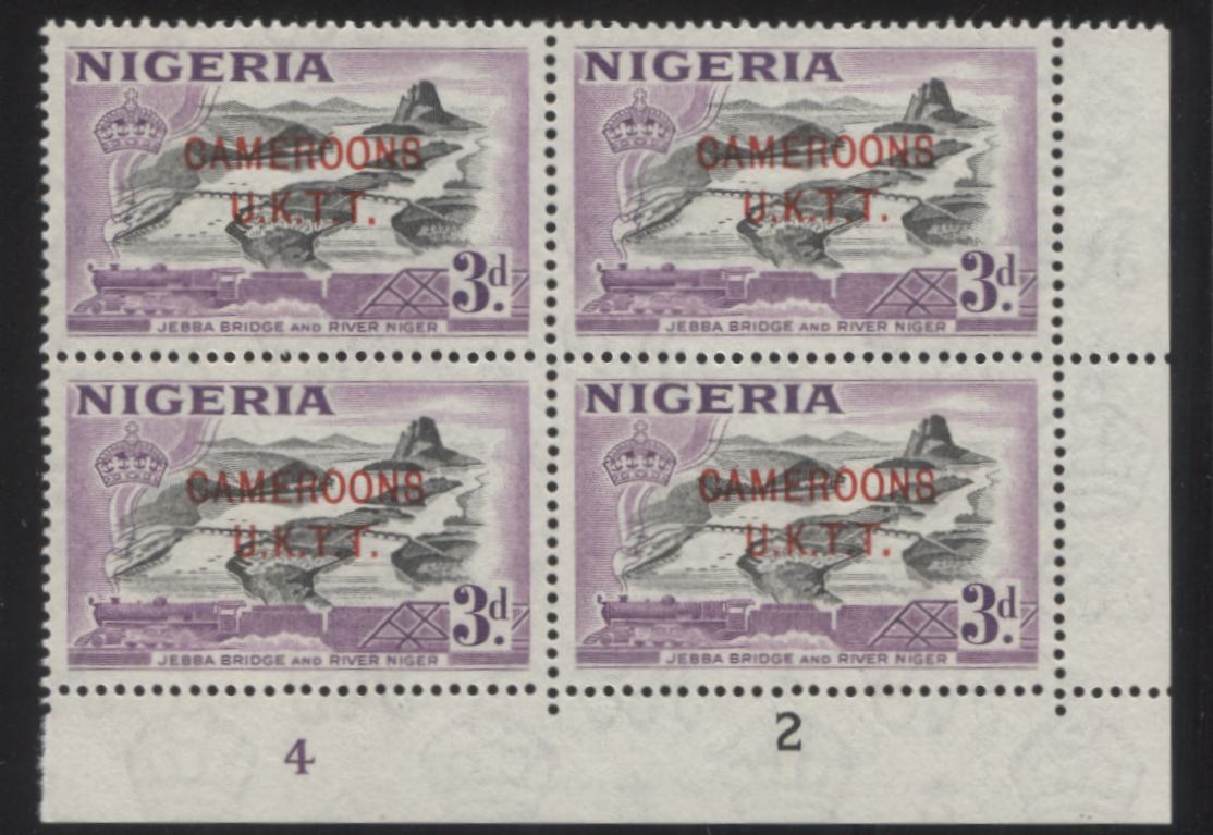 Lot 438 Nigeria - Cameroons #70 (SG#T5) 3d Lilac & Black  Jebba Bridge & River Niger, 1953-1960 Queen Elizabeth II Pictorial Issue, A VFNH LR Plate 4-2 Corner Block Of 4 Perforated Selvedge At Right