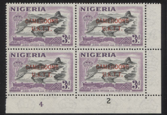 Lot 438 Nigeria - Cameroons #70 (SG#T5) 3d Lilac & Black  Jebba Bridge & River Niger, 1953-1960 Queen Elizabeth II Pictorial Issue, A VFNH LR Plate 4-2 Corner Block Of 4 Perforated Selvedge At Right