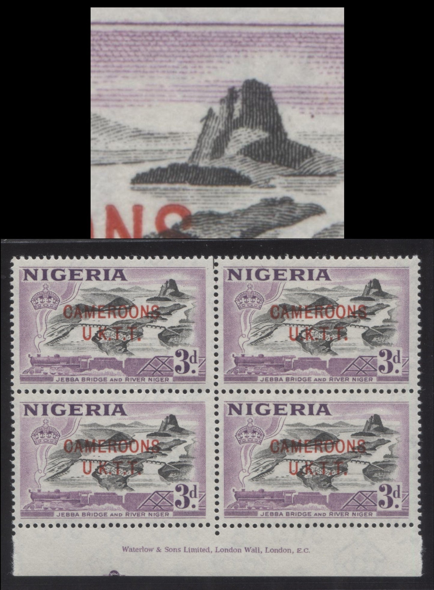 Lot 439 Nigeria - Cameroons #70var (SG#T5var) 3d Lilac & Black  Jebba Bridge & River Niger, 1953-1960 Queen Elizabeth II Pictorial Issue, A VFNH Bottom Sheet Margin Inscription Block Of 4 Showing "Loose Rock"On Cliff, Pos. 51