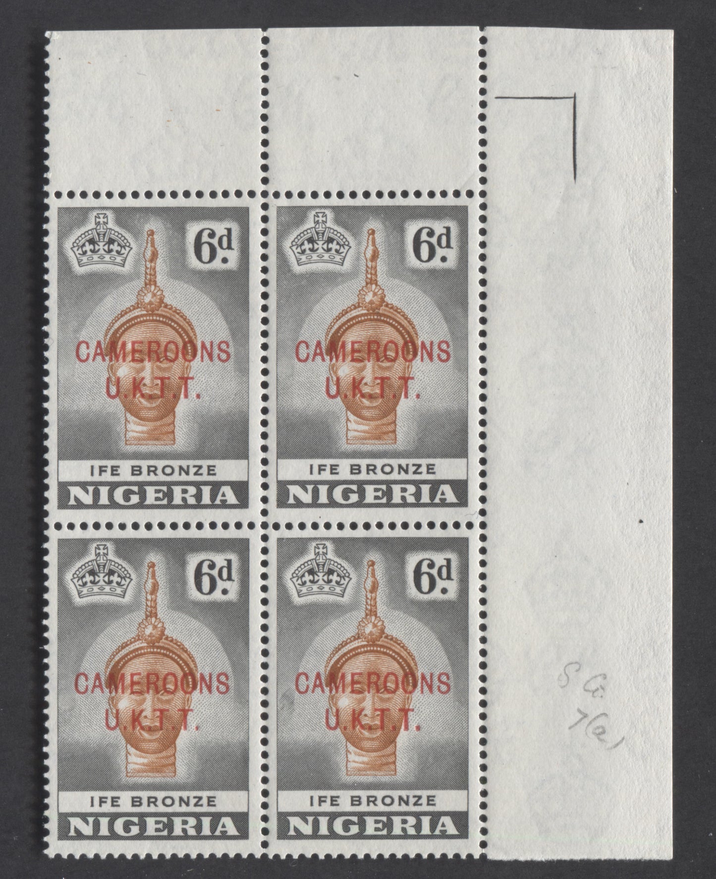 Nigeria - Cameroons #72avar (T7ab) 6d Chestnut & Black Ife Bronze, 1953-1960 Queen Elizabeth II Pictorial Issue, A VFNH LR Plate 2-1 Corner Block Of 4 1961 De La Rue Printing, Perf.  13 x 13.5, Cutting Guideline Showing Major Retouch On Pos. 20