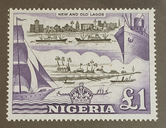 Lot 477 Nigeria #91 One Pound Violet & Black New & Old Lagos, 1953-1960 Queen Elizabeth II Pictorial Issue,  VFNH Single Likely The Original 1953 Printing