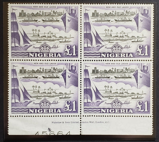 Lot 478 Nigeria #91 One Pound Violet & Black New & Old Lagos, 1953-1960 Queen Elizabeth II Pictorial Issue,  VFNH Bottom Sheet Margin Inscription Block Of 4 Likely The Original 1953 Printing, Circular Guide Mark and "45664" In Selvedge