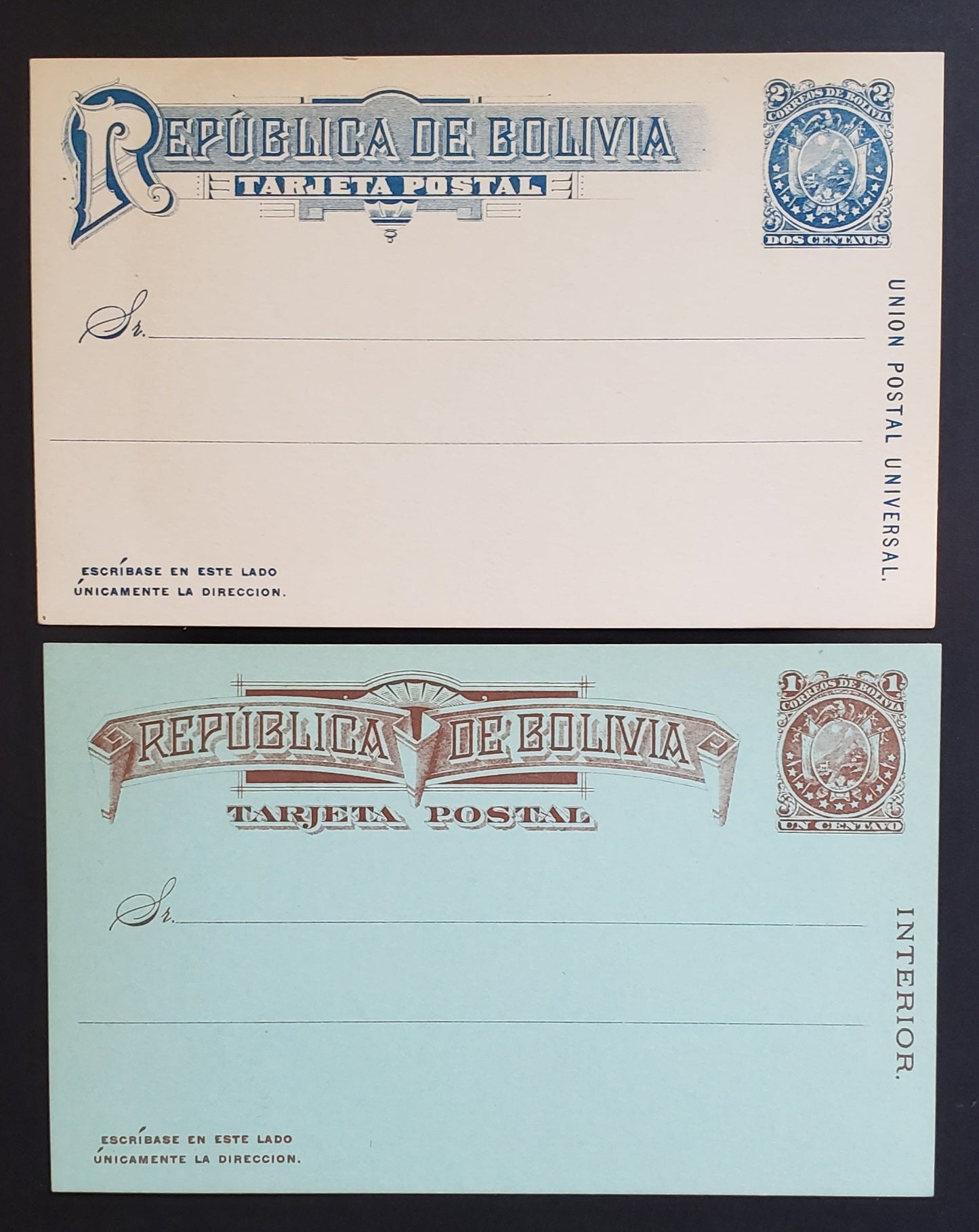 Lot 481 Bolivia  1c, 2c Blue on Cream & Red Brown on Greenish , 1887 Arms Issue With 11 Stars Below Shield, 3 VF Postcards Internal & Foreign UPU Rates