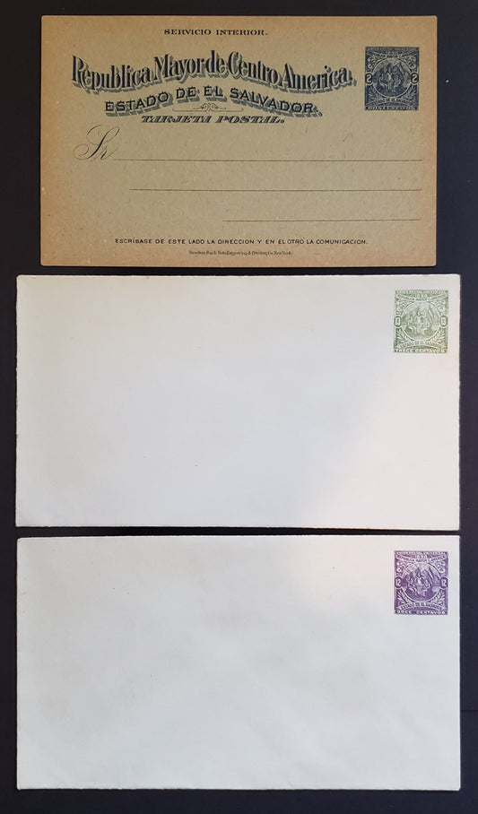 Lot 502 El Salvador  2c, 12c, 13c Dark Blue On Greenish, Purple & Sage Green On Cream , 1898 Allegory Of Central American Union, 2 Fine and VF Envelopes & Postcard