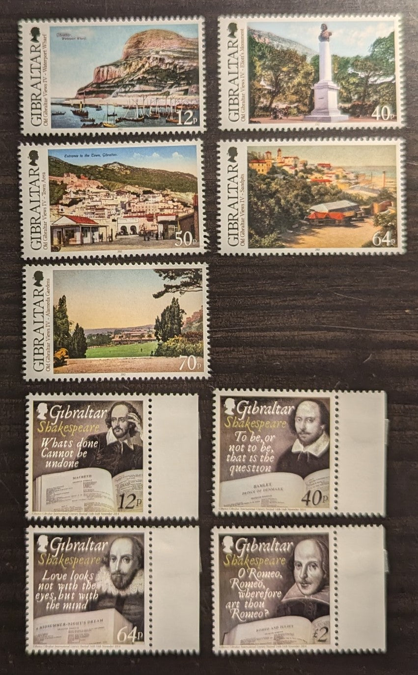 Lot 52 Gibraltar SC#1447/1461 2014 Old Views Of Gibraltar - William Shakespeare, 9 VFNH Singles, Click on Listing to See ALL Pictures, 2017 Scott Cat. $18.5