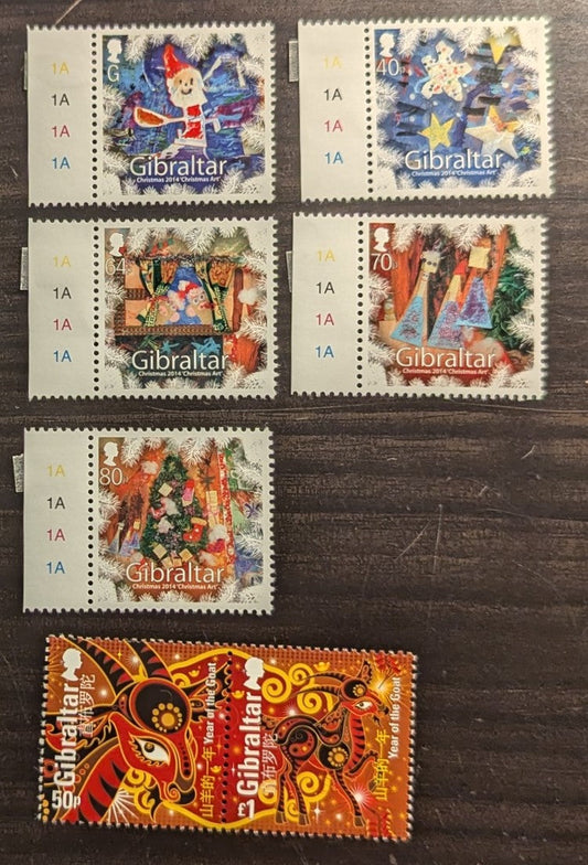 Lot 56 Gibraltar SC#1483/1489 2014-2015 Christmas - New Year (Year Of The Goat), 6 VFNH Singles & Pair, Click on Listing to See ALL Pictures, 2017 Scott Cat. $13.25