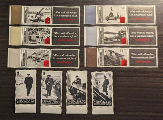 Lot 57 Gibraltar SC#1498/1507 2015 WW1 Centenary - Sir Winston Churchill, 9 VFNH Singles & Pairs, Click on Listing to See ALL Pictures, 2017 Scott Cat. $17.25