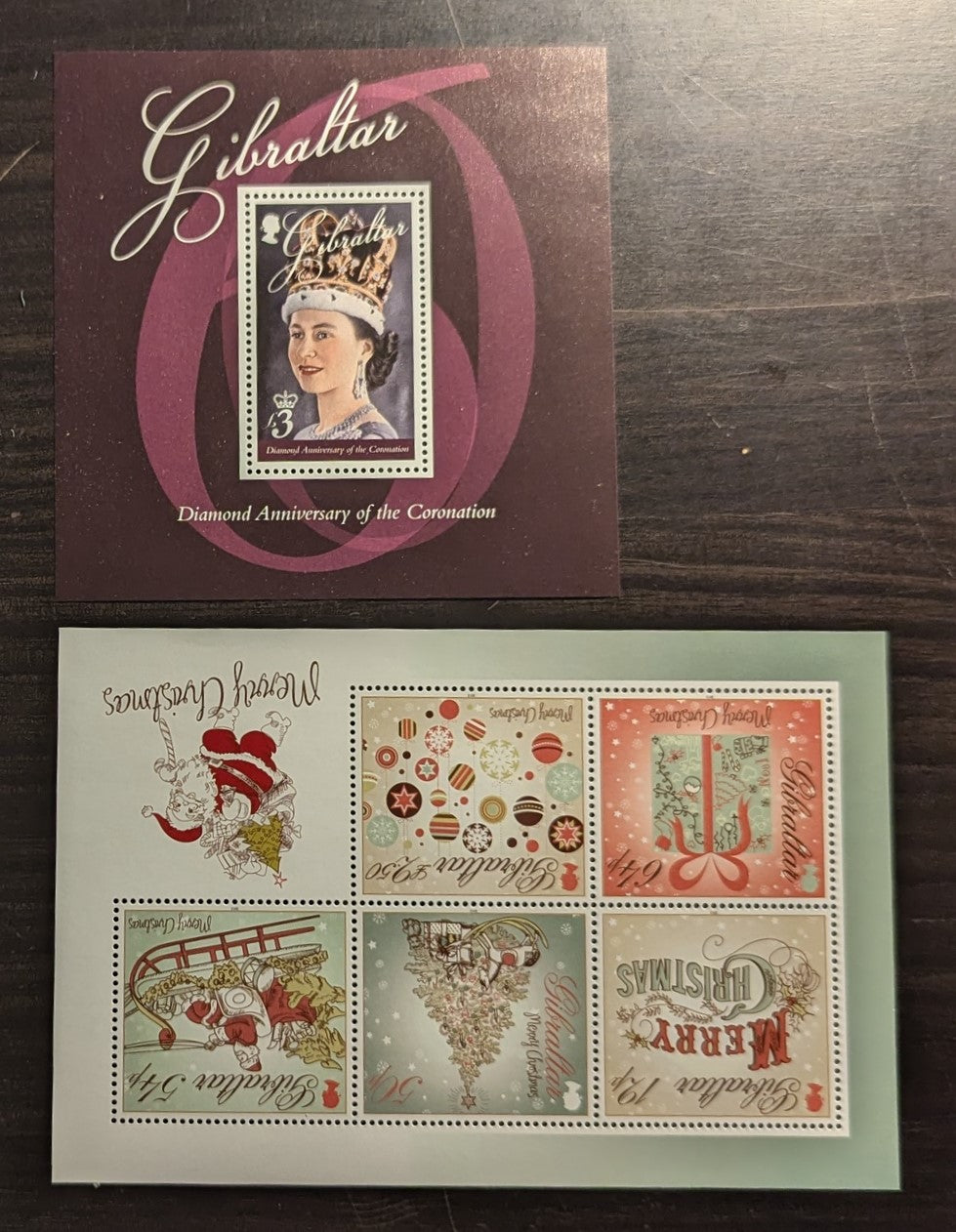 Lot 59 Gibraltar SC#1369/1418a 2013 Coronation Of QE II 60th Anniv - Christmas, 2 VFNH Souvenir Sheets, Click on Listing to See ALL Pictures, 2017 Scott Cat. $23.5