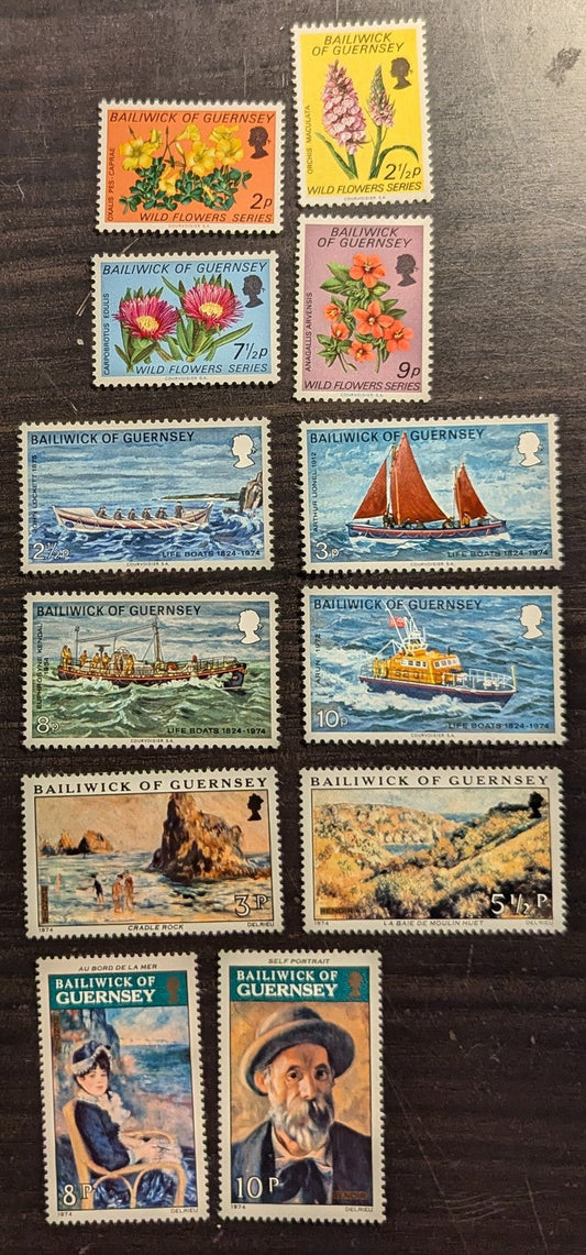 Lot 60 Great Britain - Guernsey SC#69/130 1972-1974 Wildflowers - Paintings By Renoir, 12 VFNH Singles, Click on Listing to See ALL Pictures, 2017 Scott Cat. $3.25