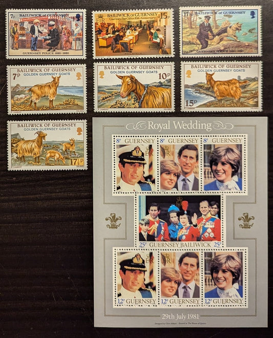 Lot 65 Great Britain - Guernsey SC#204/226 1980-1981 Guernsey Police Force - Royal Wedding, 8 VFNH Singles & Souvenir Sheet, Click on Listing to See ALL Pictures, 2017 Scott Cat. $5.05