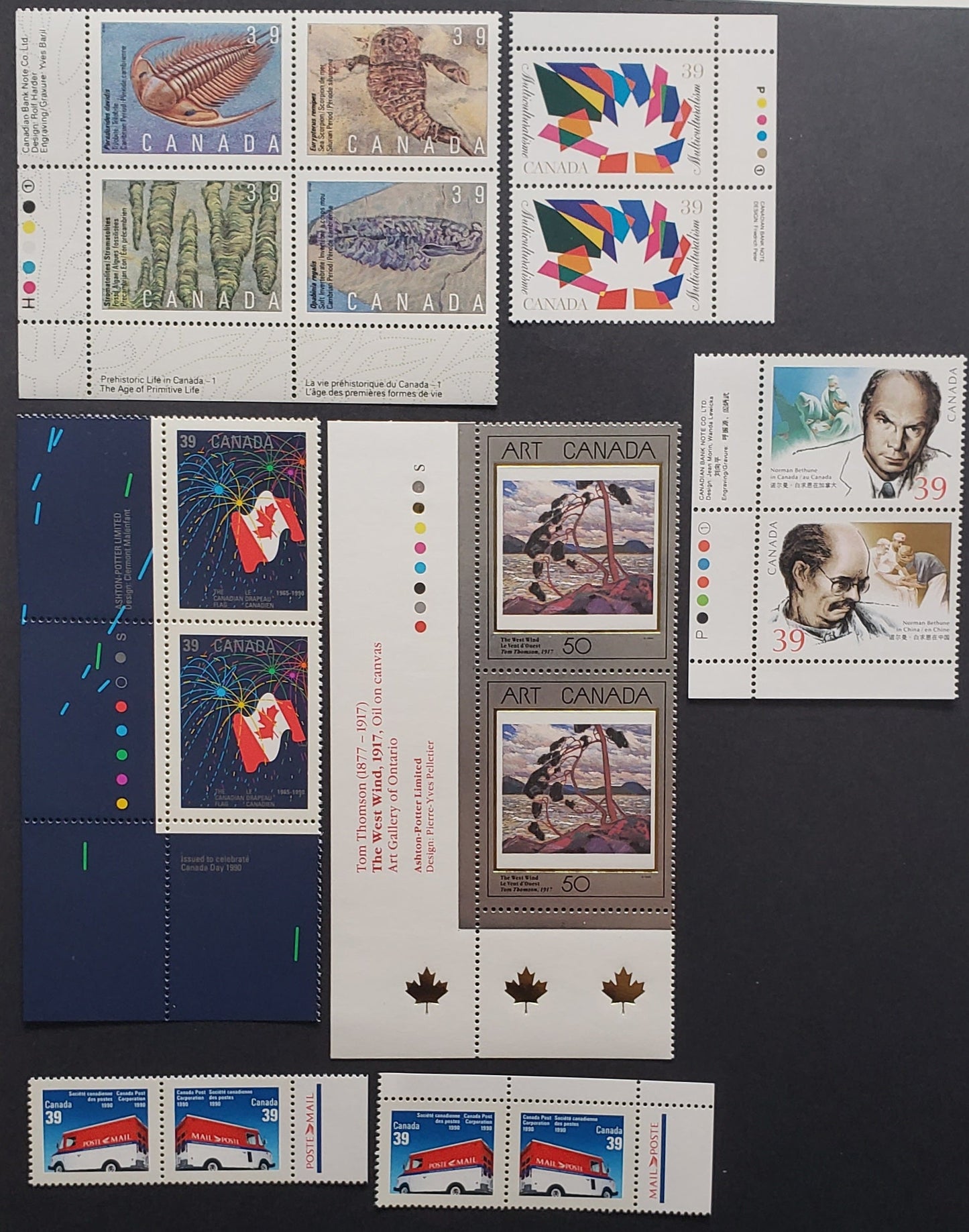 Canada #1265a, 1270-1271, 1273ii, 1282a 39c Multicoloured Various Subjects, 1990 Norman Bethune - Prehistoric Life Issue, 6 VFNH Inscription Pairs & Inscription Block Including Franch & English Tabs On 1273ii