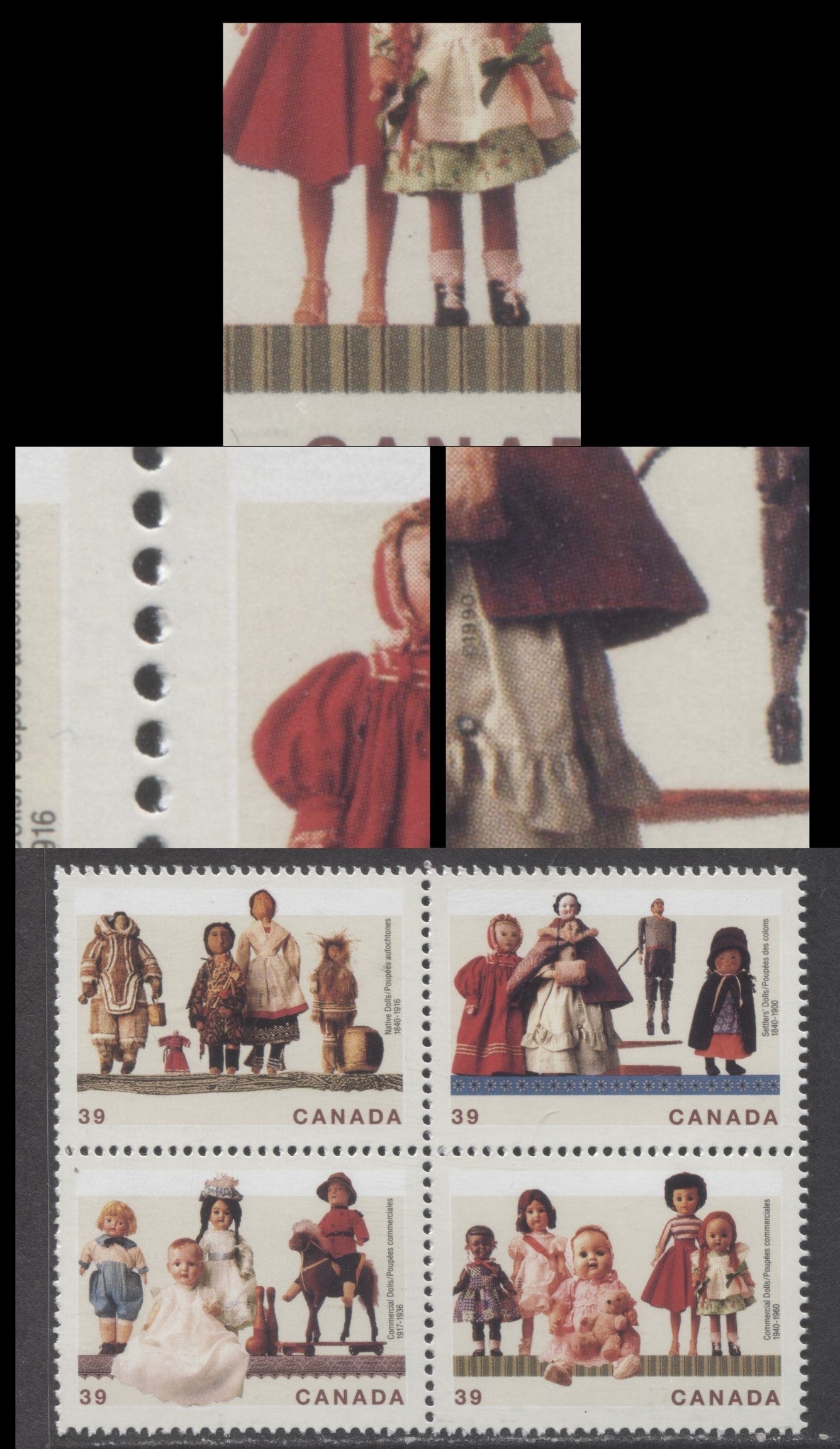 Canada #1277avar 39c Multicoloured Various Dolls, 1990 Dolls Issue, A VFNH Se-Tenant Block Of 4 DF1/DF2 Peterborough Paper, Black & Blue Dots Above Shoulder, To Right Of Coat & Between Legs Of Doll, Tertiary & Possibly Constant