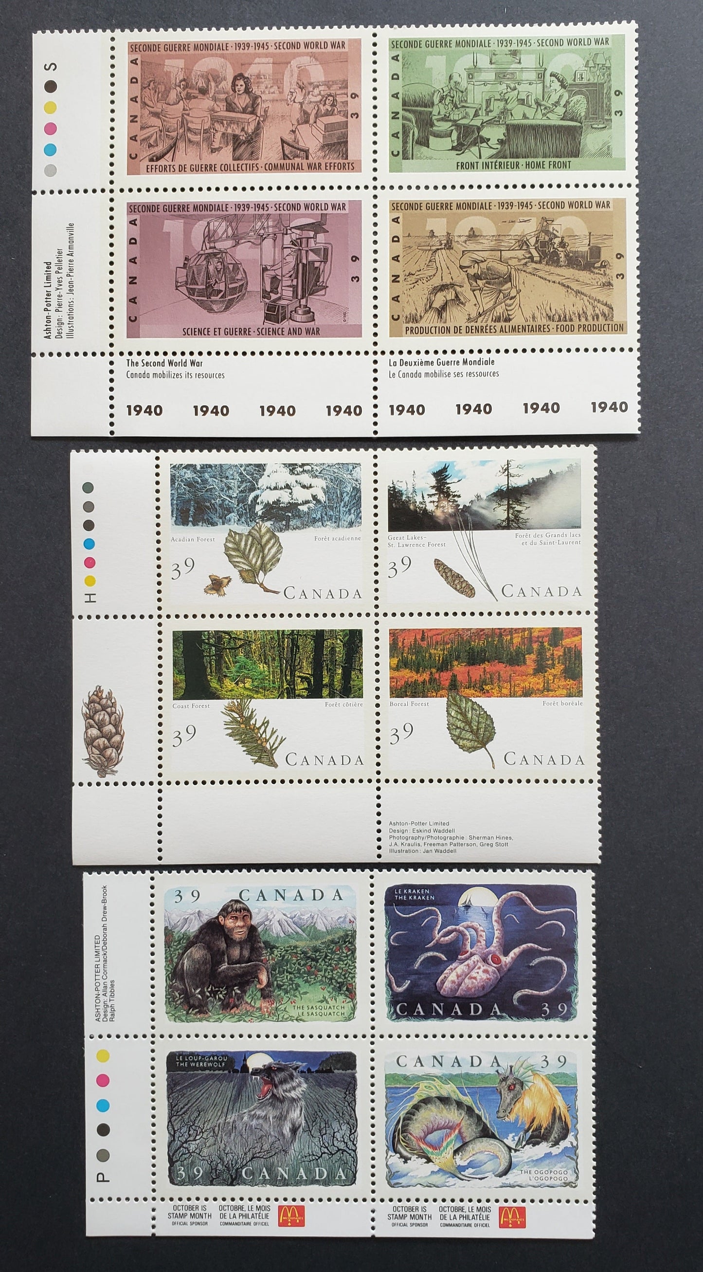 Canada #1286a, 1292a, 1301a 39c Multicoloured Various Subjects, 1990 Majestic Forests - 50th Anniversary Of World War 2 Issue, 3 VFNH Inscription Blocks