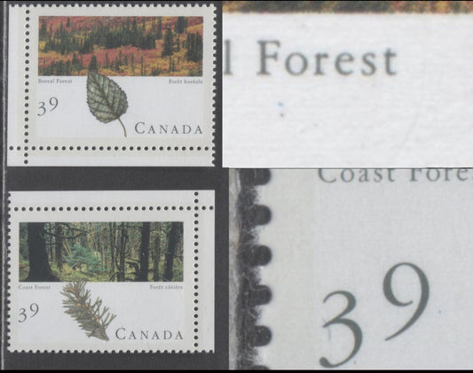 Canada #1285aivar, 1286aivar 39c Multicoloured Coast & Boreal Forests, 1990 Majestic Forests of Canada Issue, 2 VFNH Singles From Petro-Can Steetlets, DF/DF Peterborough Paper, Blue & Black Dots Under "FO" Of "Forest" & "39", Tertiary