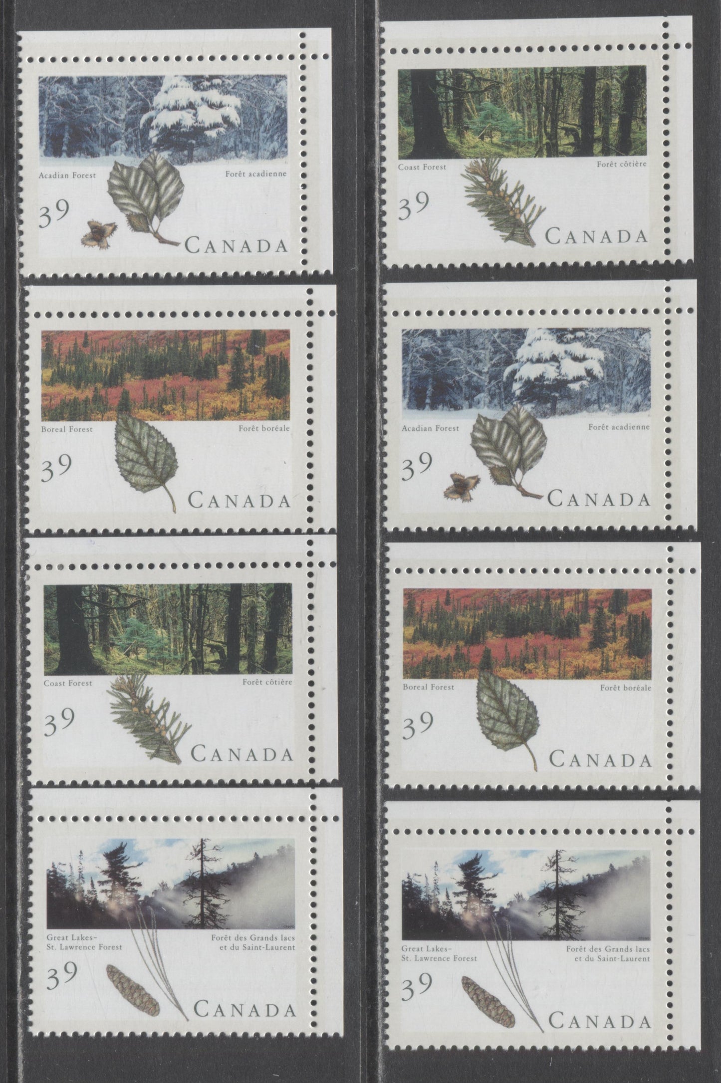 Lot 132 Canada #1283ai-1286bi 39c Multicoloured Various Forests, 1990 Majestic Forests of Canada Issue, 8 VFNH Singles From Petro-Can Steetlets, DF/DF and Scarcer DF/LF Peterborough Papers