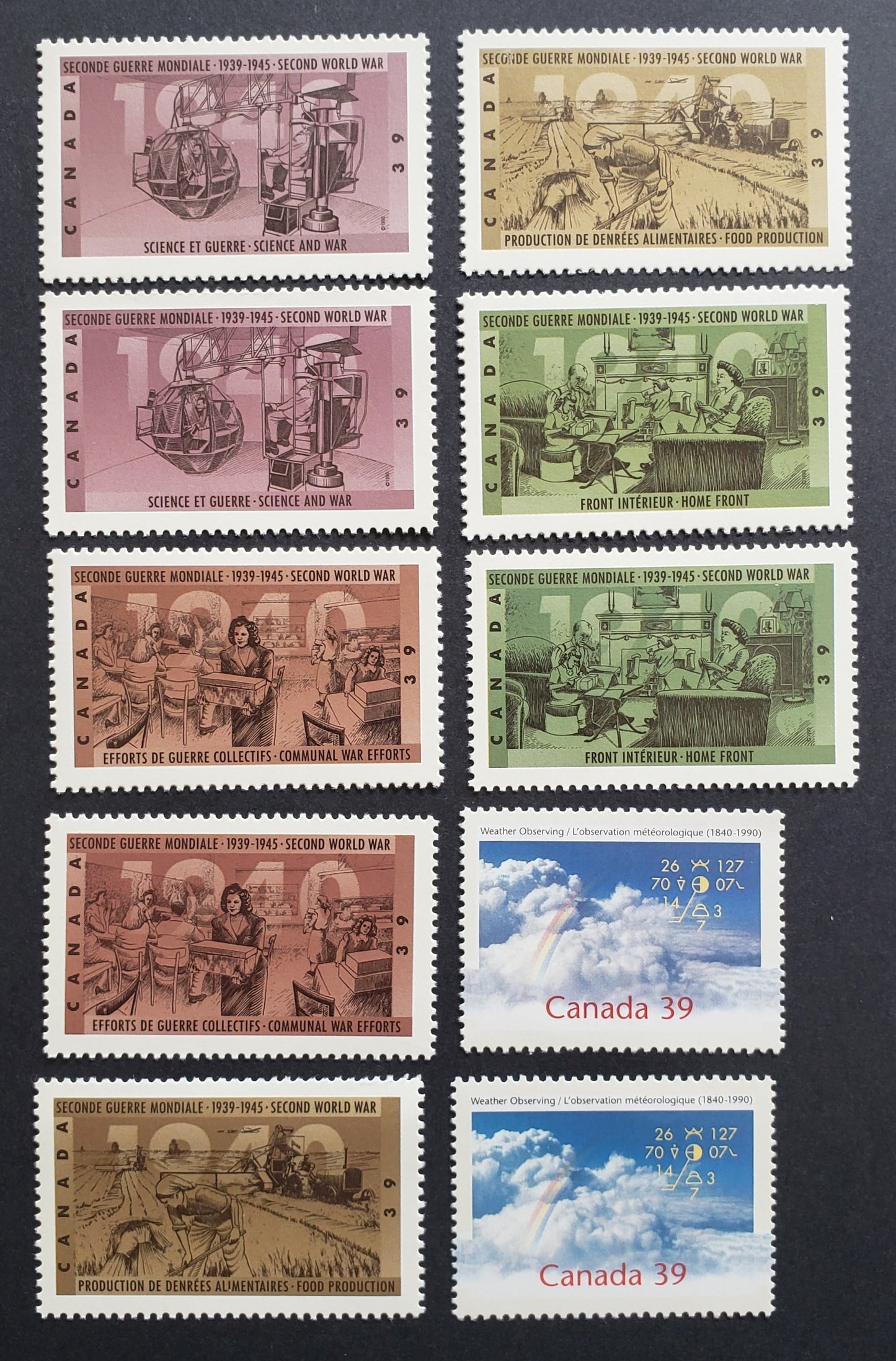 Canada #1287, 1298-1301var 39c Multicoloured Rainbow In Clouds & Wartime Scenes, 1990 Weather Observing & 50th Anniversary Of World War II Issues, 10 VFNH Singles Two Shade Variations Of Each Stamp