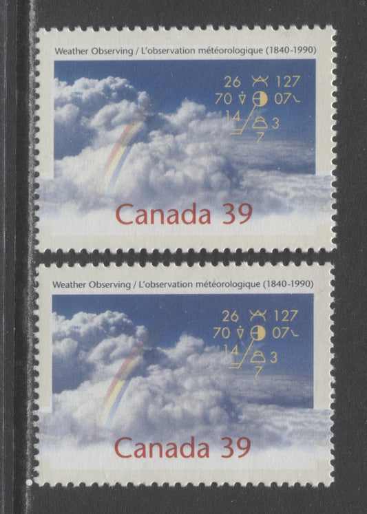 Canada #1287&var 39c Multicoloured Rainbow In Clouds, 1990 Weather Observation Issue, 2 VFNH Singles From Column 2, DF/DF and LF/DF Smooth Harrison Papers