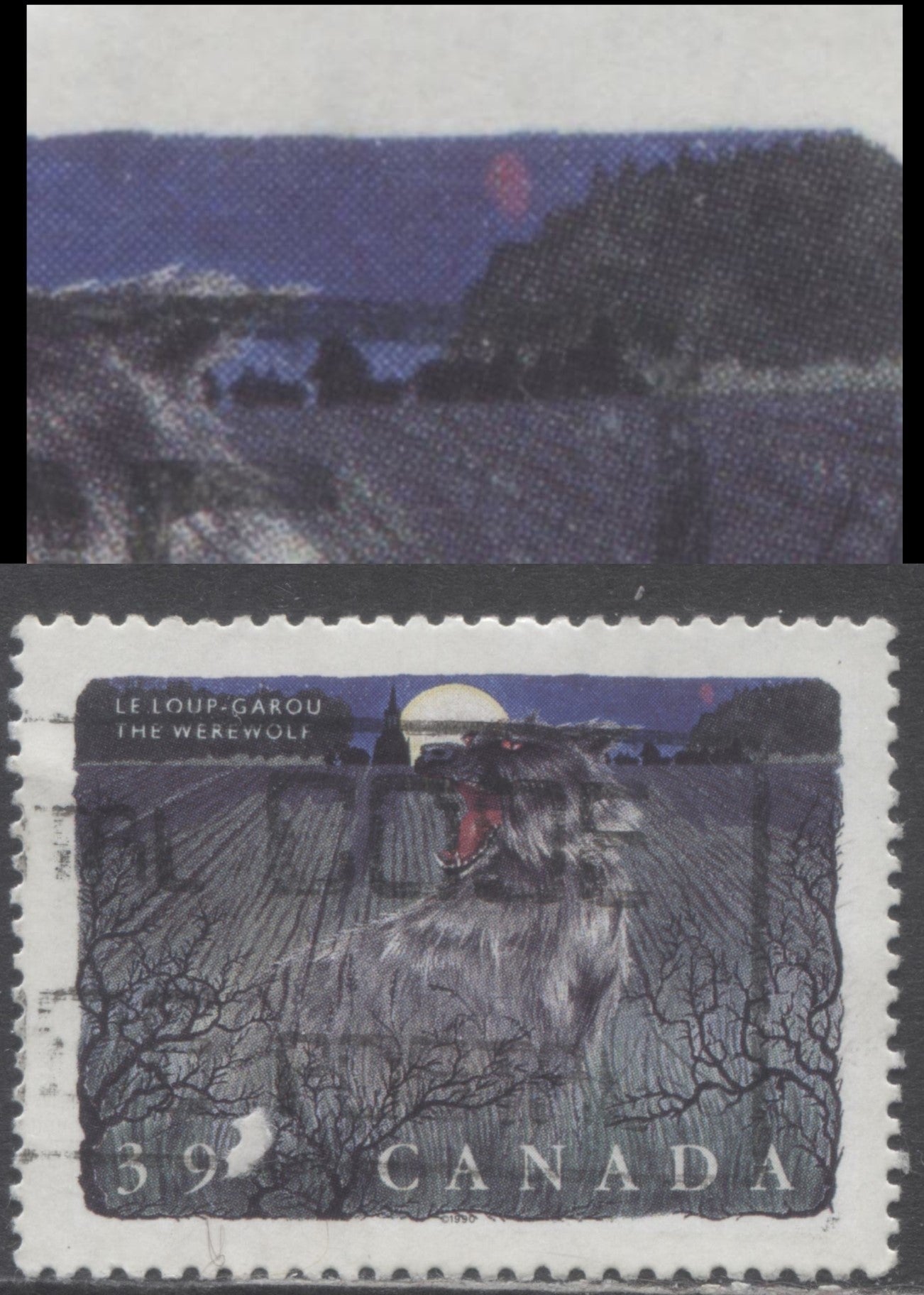 Canada #1291var 39c Multicoloured Werewolf, 1990 Legendary Creatures Issue, A VF Used Single Showing "Bloody Moon" Variety, Perf. 12.5 x 13.3, Possibly Tertiary or Constant