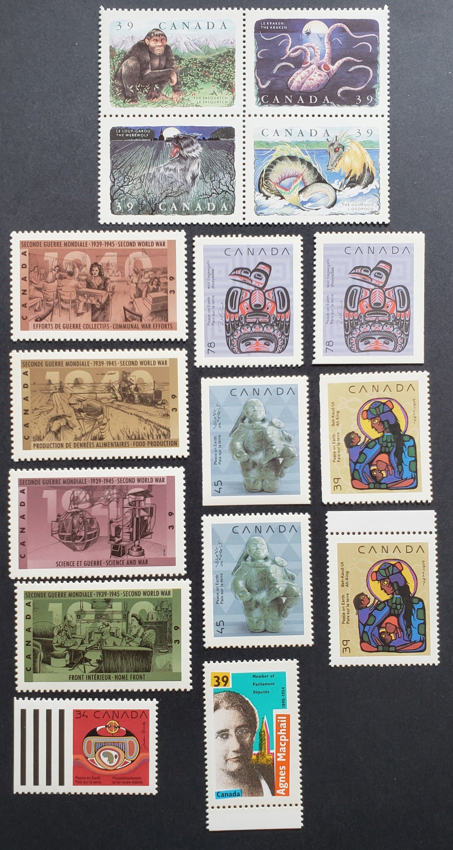 Canada #1292a, 1293-1296as, 1297-1301 39c, 45c, 78c Multicoloured Various Subjects, 1990 Legendary Creatures - 50th Anniversary Of World War II Issues, 12 VFNH Singles & 1 Block Of 4 Including Booklet Singles