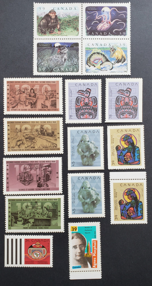 Canada #1292a, 1293-1296as, 1297-1301 39c, 45c, 78c Multicoloured Various Subjects, 1990 Legendary Creatures - 50th Anniversary Of World War II Issues, 12 VFNH Singles & 1 Block Of 4 Including Booklet Singles