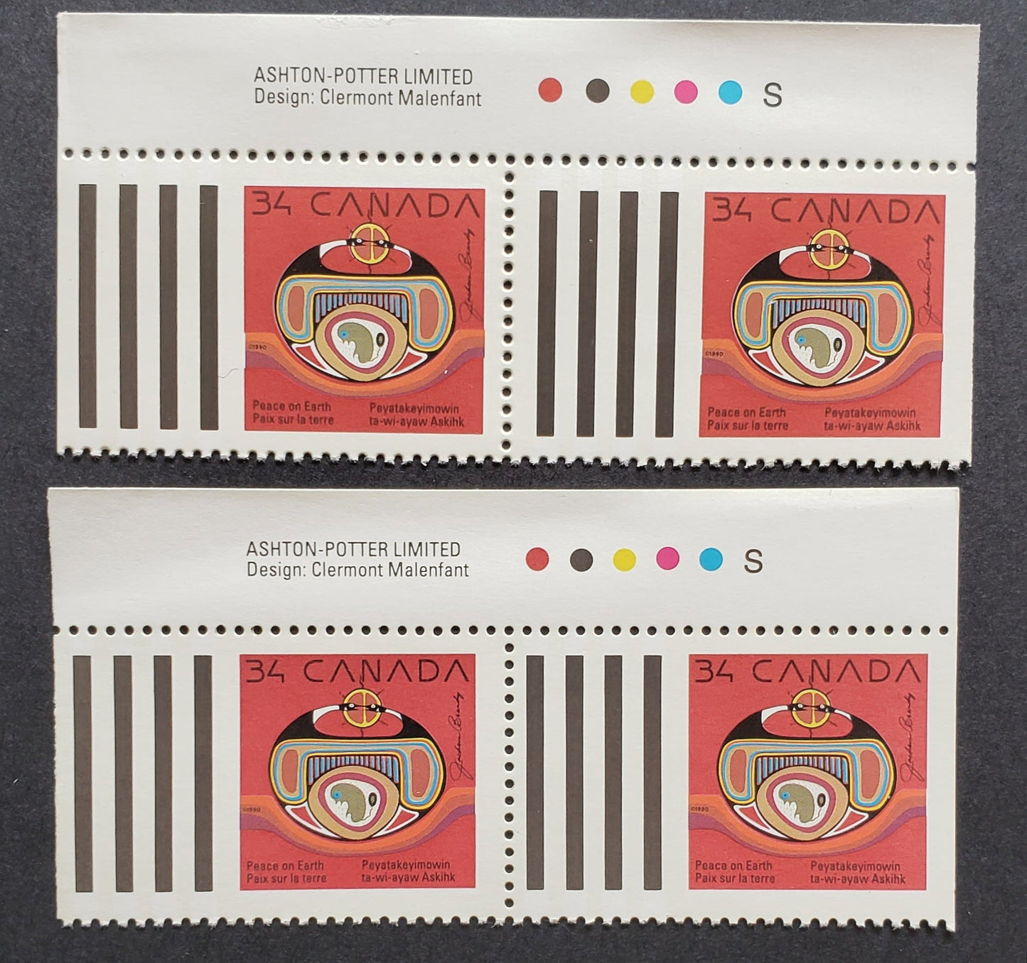 Lot 439 Canada #1297&var 34c Multicoloured Rebirth, 1990 Christmas Issue, 2 VFNH Inscription Booklet Pair One With Tagged Label, One With Untagged Label