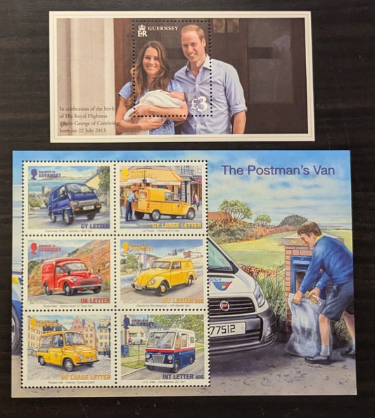 Lot 5 Great Britain - Guernsey SC#1207a/1226 2013 Postal Vehicles - Birth Of Prince George Issues, 2 VFNH Souvenir Sheets, Click on Listing to See ALL Pictures, 2017 Scott Cat. $21.25