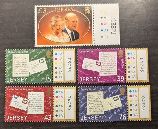 Lot 94 Great Britain - Jersey SC#1296/1305 2007-2008 Wedding Of QE II & Prince Philip, 60th Anniv - Letter Issues, 5 VFNH Singles, Click on Listing to See ALL Pictures, 2017 Scott Cat. $15.15