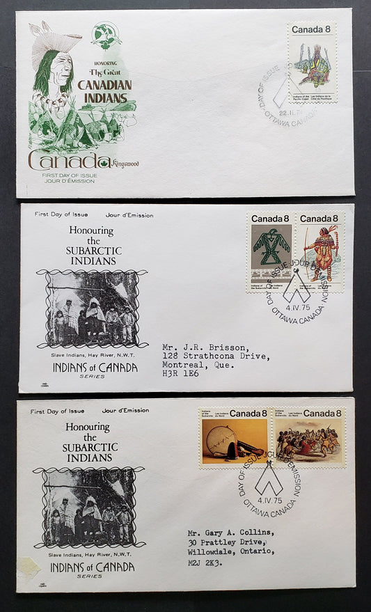 Canada #573, 575a, 577a 8c Multicoloured Pacific Coast Chief - Subarctic Thunderbird, 1974-1975 Pacific Coast Indians - Subarctic Indians Issue, 3 VF NR Covers & Kingswood FDC's Franked With Pairs & Single, Standard Papers, 2 Addressed