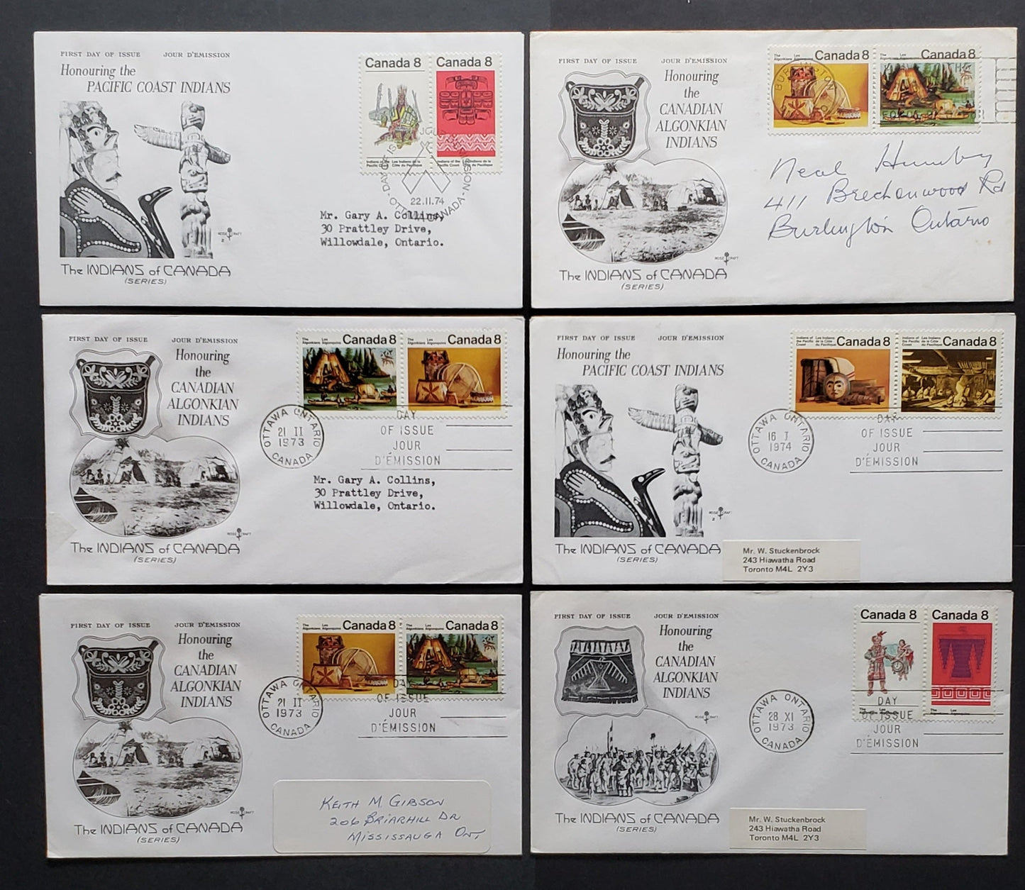 Canada #567a-aii, 569a, 571a, 573a 8c Algonkian Artifacts - Pacific Coast Thunderbird, 1973-1974 Algonkian Indians - Pacific Coast Indians, 6 VF Rosecraft FDC's Franked With Pairs, All Three Paper Types Of Algonkian Indians Issue, All Addressed